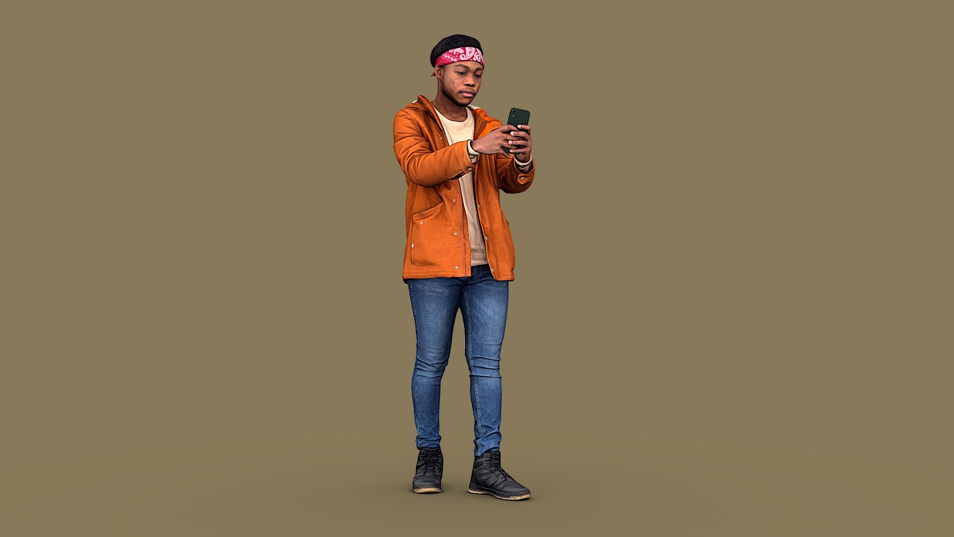 Follow us on Instagram 👍🏻

✉️ A young guy is concentrating on photographing something or someone on the phone. He is wearing blue skinny jeans, a jumper, a warm orange hooded jacket, high-top dark sneakers, and a bandana on his head.

🦾 This model will be an excellent mid-range participant. It does not need to be very close and try to see the details, it reveals and demonstrates its texture as much as possible in case of a certain distance from the foreground.

⚙️ Photorealistic Casual Character 3d model ready for Virtual Reality (VR), Augmented Reality (AR), games and other real-time apps. Suitable for the architectural visualization and another graphical projects. 50 000 polygons per model 3d model