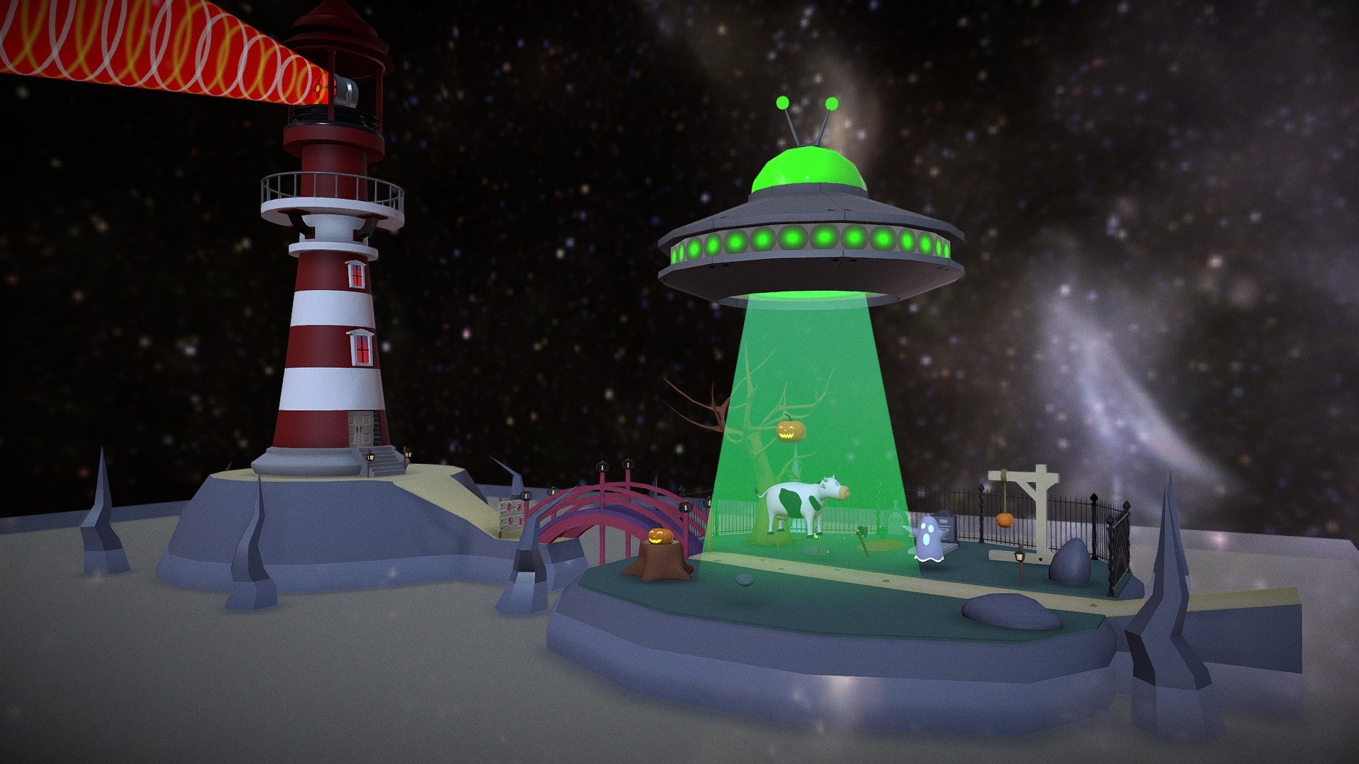**The Spooky Grounds **

A set of objects perfect for Halloween or paranormal situations!  &hellip; especially for halloween, those pumpkins looks too spooky!!

The Model contains the next Objects:




UFO (Faces:1204, Vertex:616)

LightHouse (Faces:10646, Vertex:6115)

Abducting Light (Faces:96, Vertex:50)

Cow (Faces:19592, Vertex:9830)

Hanged Pumpkin (Faces:10084, Vertex:5068)

Happy Pumpkins (Aprox. Faces:5996, Vertex:3000)

Pumpkin (Faces:3184, Vertex:1594)

Tree (Faces:5052, Vertex:2528)

Cut Tree (Faces:1248, Vertex:626)

Chandeliers (Faces:1324, Vertex: 680)

Bridge With Chandeliers (Faces:22188, Vertex:11204)

Sign Warning (Faces:1212, Vertex:642)

Zombie Grave (Faces:7332, Vertex:3674)

Gravestone (Faces:1922, Vertex:975)

Ghost (Faces:3124, Vertex:1558)

Flowers (Faces:640, Vertex:324)

Metal Bars (Faces:664, Vertex:376)

Decorative Metal Pole (Faces:368, Vertex:194)
And Rocks!

Note:  The original project made in 3dsMax is available In Aditional Files 3d model