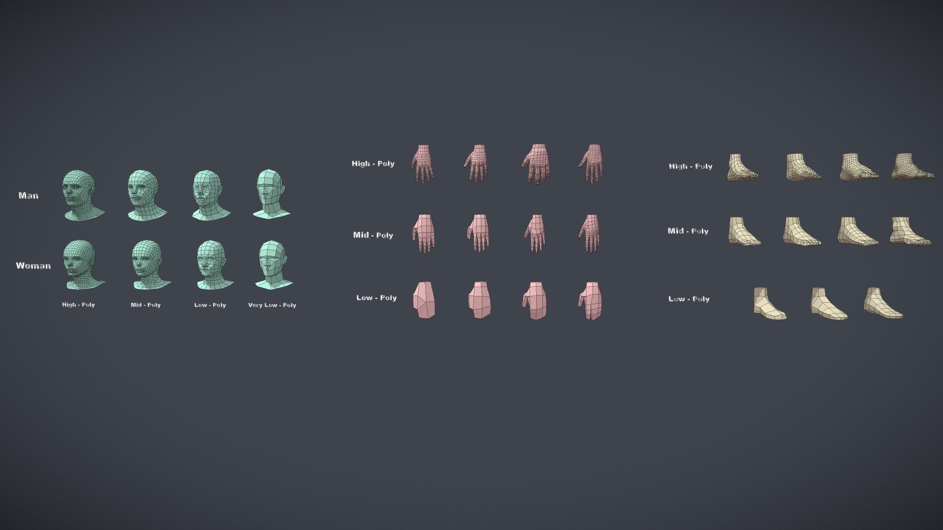 Hi everyone,
This is a poly mesh package of 3 parts of the human body (Head, hands, foots ).



Advantages of the package:





Saving you up to $6.80 when purchasing each package

The mesh is optimized to anatomical standards

Can be used as a reference or used immediately to speed up your work

Each part is ready to connect to the base mesh

There are levels for you to choose from to suit your job.



Package description included:





8 model head files (FBX). Mesh 30090 tris

12 model hands files (FBX). Mesh 15993 tris

11 model foots files (FBX). Mesh 9832 tris.

To buy each package:



Model reference head: https://sketchfab.com/3d-models/mesh-head-a3186afdef4b41038adf4278aa6307d3

Model reference hands: https://sketchfab.com/3d-models/hands-pack-14b5ec4abeed4de3a67243b2ba737819

Model reference Legs: https://sketchfab.com/3d-models/legs-pack-a0e55a2076d94fb3a0205134ad266dd6



Contact me for support. Hope to receive feedback from everyone. Thank - Head, Hands, Foots - Pack anatomy - Buy Royalty Free 3D model by DuNguyn - Assets store (@nguyenvuduc2000) 3d model