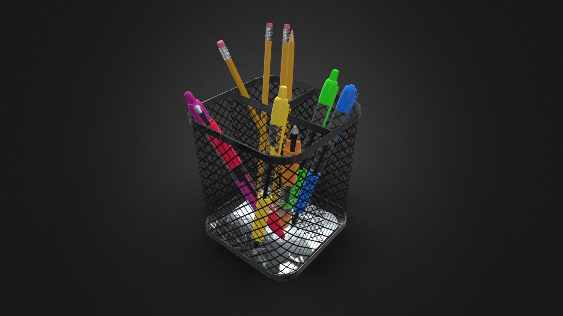 This simple yet detailed model will help add realism to your scene. This model looks amazing whether it is in the background or close to the camera.

The pens included in this model can be interacted with and can be clicked.

This model is fully UV unwrapped with materials and textures.

This model is of real world scale. This is the measurements of only the pencil holder without stationary:

Length: 38cm

Width: 15.8cm

Height: 3.6cm - Pencil / Pen Holder - Buy Royalty Free 3D model by micman2710 3d model
