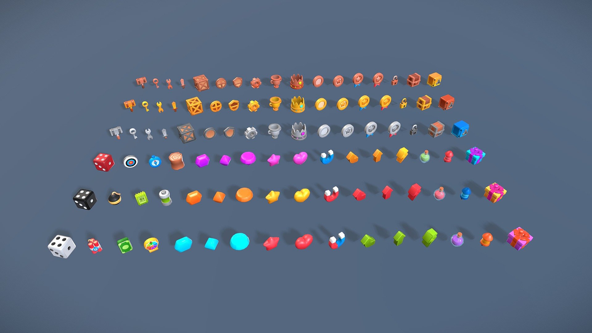 Where to use
- Games
- Optimized for game engines
- Advertising and marketing

Geometry
- 99 unique assets
- 113.769 triangles all pack
- 1024x1024 px Texture

Item List;




Angled Arrow (572 tris)

Arrow (380 tris)

Battery (380 tris)

Bomb (1246 tris)

Box (2357 tris)

Coin V1 (972 tris)

Coin V2 (572 tris)

Coin V3 ( 1096 tris)

Coin V4 ( 1096 tris)

Compass (760 tris)

Crown (8548 tris)

Cup (1172 tris)

Dice (1454 tris)

Dynamite V1 (3010 tris)

Dynamite V2 (1031 tris)

Fortune Wheel (1324 tris)

Gear (864 tris)

Gem V1 (248 tris)

Gem V2 (380 tris)

Gem V3 (254 tris)

Hammer (1032 tris)

Heart (480 tris)

Key (852 tris)

Lightning (328 tris)

Log (772 tris)

Magnet (500 tris)

Money Banknote (140 tris)

Potion Box (1078 tris)

Shield V1_00 (580 tris)

Shield V1_01 (732 tris)

Shield V1_02 (732 tris)

Shield V2_00 (740 tris)

Shield V2_01 (934 tris)

Shield V2_02 (934 tris)

Star (640 tris)

Sword (548 tris)

Target (508 tris)

Ticket (1140 tris)

Wrench (724 tris)
 - Collectable Pack 1 - 3D model by Lost Panda Games (@lostpandagames) 3d model