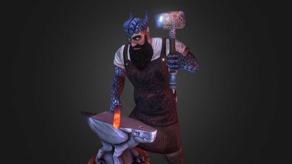 Created in 2012 for a thesis project using ZBrush, XNormal, 3DCoat, Maya, and Photoshop. Torvald is a Dragonsmith, a blacksmith enhanced by dragon's blood that can forge rare metals using dragonfire.
A man named Magnus Brann is believed to have been the first Dragonsmith, and was so affected by the dragon's blood that his entire body became covered in scales, and his features changed to the point that he seemed half dragon. Because of this, he was nearly as resilient to dragonfire as a true dragon, and created the legendary smith's hammer, Dragonfall 3d model