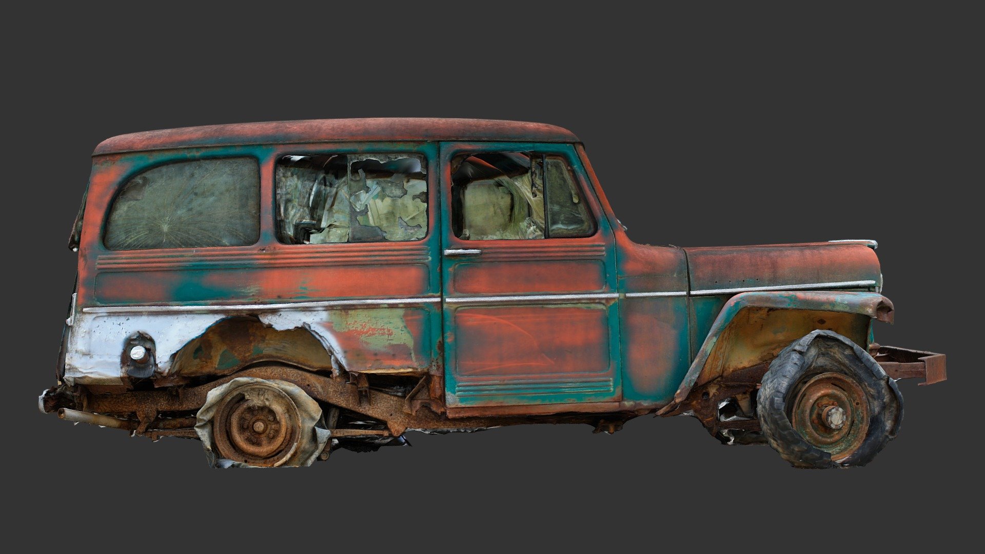 Another abandoned 1950s Jeep, was parked next to the other one, due to occlusion, I had to process them seperately

Processed from 675 Pictures taken with a Canon EOS Rebel XSI - Jeep 2 (Raw 3D Scan) - Buy Royalty Free 3D model by Renafox (@kryik1023) 3d model