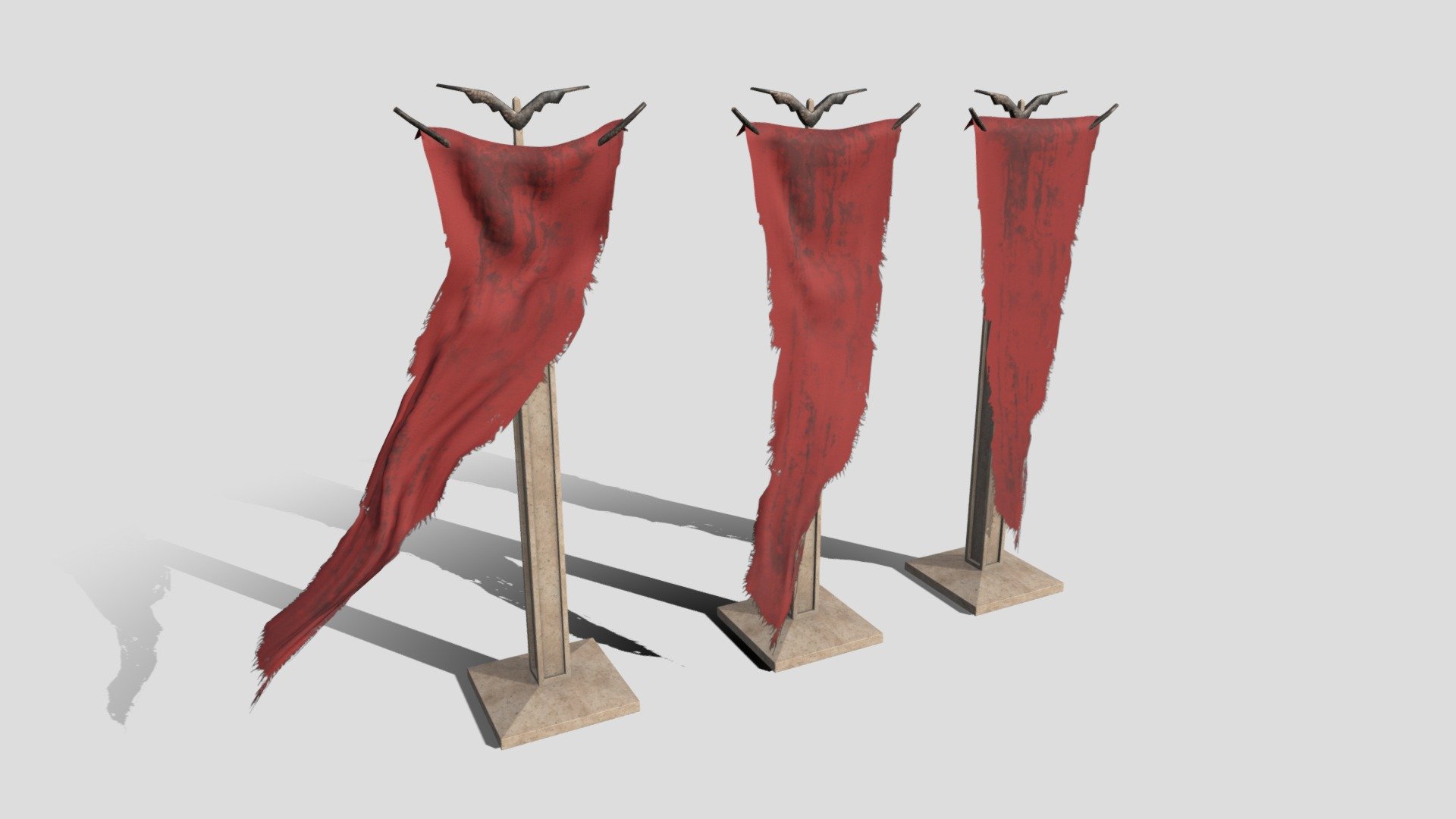 Hi all,
This is PBR Dark Fantasy Banner pack created in Blender. It includes 3 different models in real world scale (359cm).

The product has 4221 polygons.

It comes in following formats:
.blend
.fbx
.obj
.dae

The blender file has the shaders set up, so it's ready to render using Cycles. The title image is not included.
It also comes with set of 4K .png maps:
base color
roughness
normal
opacity - Dark Fantasy Banner - Buy Royalty Free 3D model by kambur 3d model