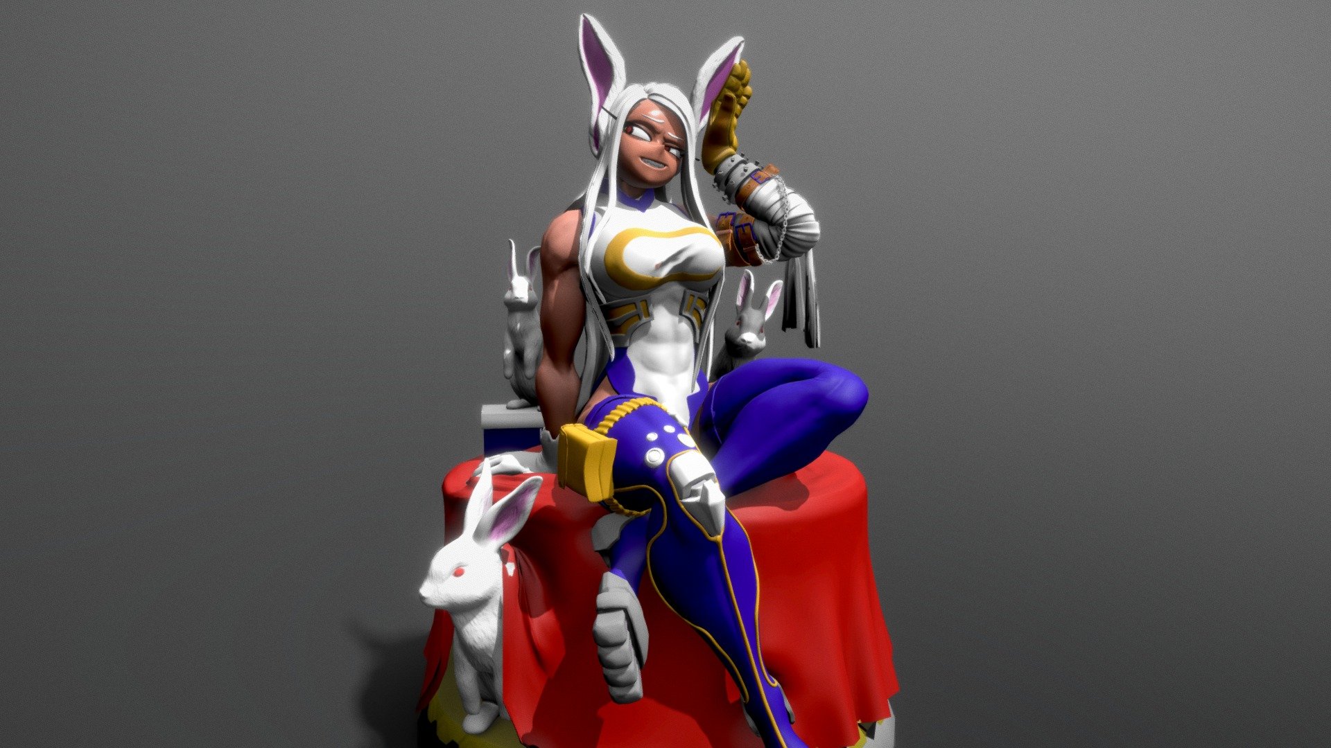 Rabbit Hero: Mirko 

Mirko tiene una constitución atlética con brazos y piernas musculosos. Tiene la piel bronceada, ojos rojos inclinados ligeramente hacia adentro y cabello lacio y blanco que le llega hasta la cintura. En su cabeza tiene un par de largas orejas de conejo blanco que apuntan hacia arriba con una ligera curva. Junto con estos, ella también tiene una cola blanca redonda, lo que le da a su diseño general un parecido definitivo con un conejo albino 3d model