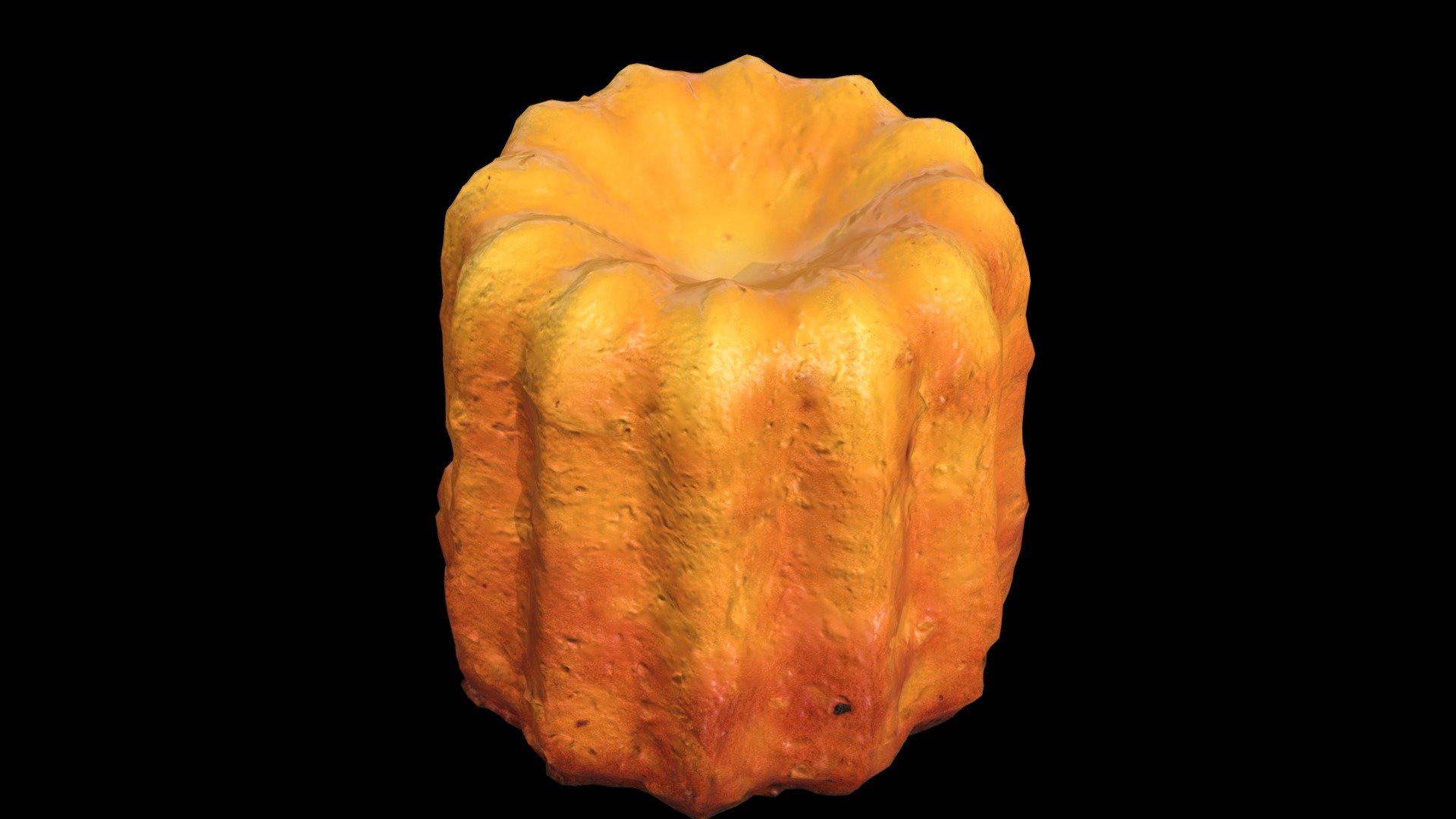 Real size : about 4.5cm wide (1.8 inches).

The cannelé (also written canelé) is a small French pastry with a thick caramelized crust and a soft center. It is flavored with rum and vanilla, and was (probably) created in Bordeaux, a big city in southwestern France.

Its origins are still unknown : there are several competing theories 3d model