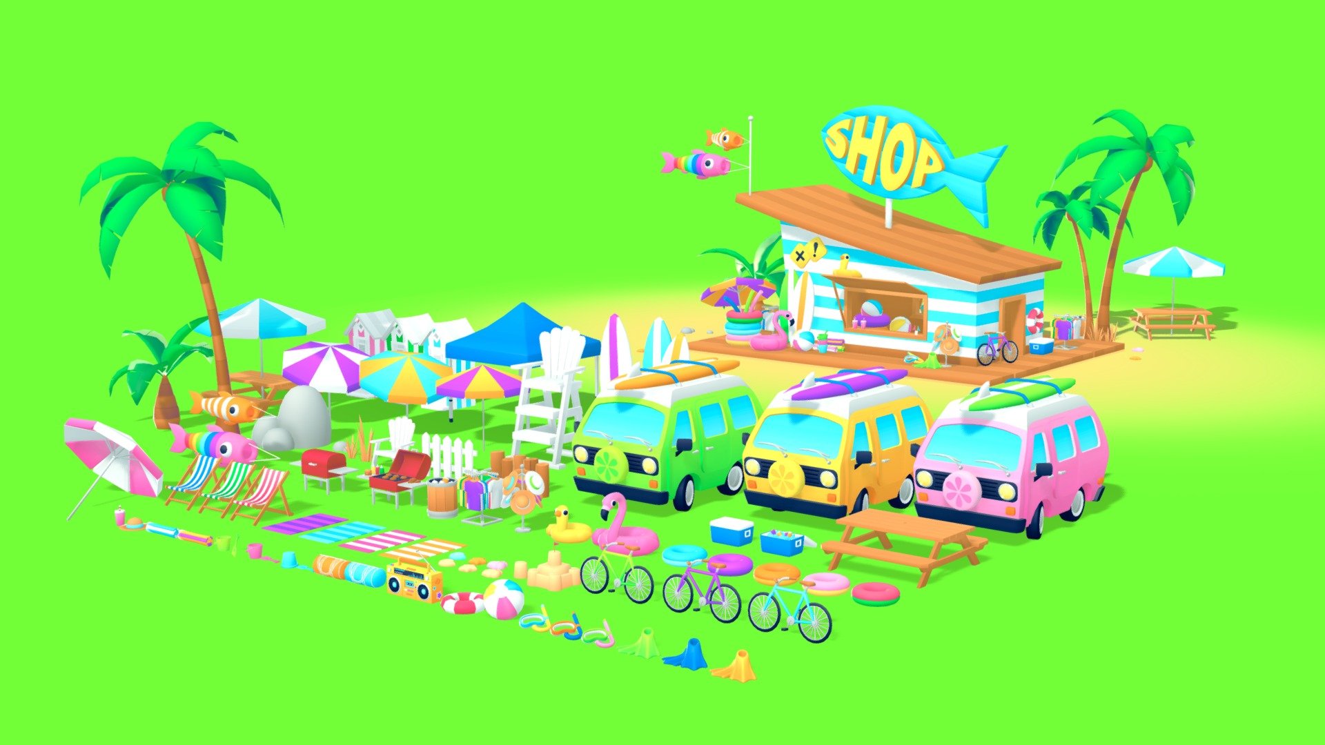 Hi! I'm back this summer with this beach party pack!!

This include 80 beach assets and a beach shop! 
All the models are separated and the fbx are ready to use in your project :D

I made this pack in the same style than most of my assets packs using a single texture with gradients and I also reviewed the texture map to improve the colors.
Here's other packs in the same style, you can also visit my store to find more packs in this style and more!
* https://sketchfab.com/3d-models/christmas-feast-tropical-food-pack-caeee35ee3a748bfa74e4ef298b3a501
* https://sketchfab.com/3d-models/breakfast-food-pack-b42606de1a4549768c6db93cd63dbcb5
* https://sketchfab.com/3d-models/kitchen-pack-3feaad739dad49fd988fe3d29f954698

Leave me a comment and don't hesitate if you have questions or if you want an asset in another colour.
I'm also taking freelance jobs for your projects! ^^ - Beach Party Pack - Buy Royalty Free 3D model by L3X 3d model