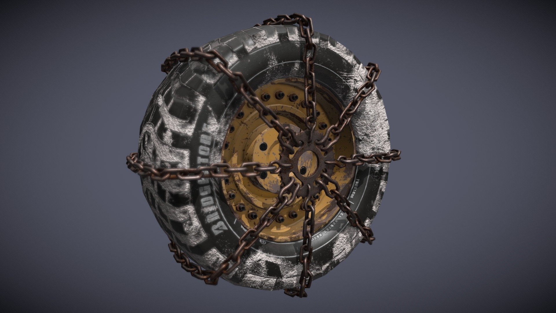 These tires were created as part of a class project that will later be added to a vehicle. The objective was to design a set of tires that would be used on a post-apocalyptic vehicle 3d model