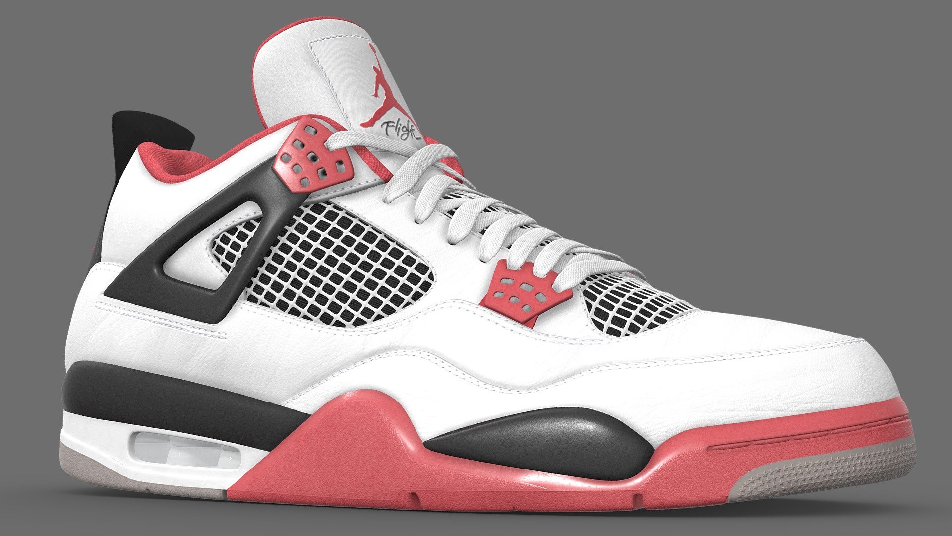 Iconic Jordan shoe in the Fire Red colourway. First released in 1989, this shoe was one of the original pairs of fours to release along with the White Cements, Military Blue, and Breds.  

This model is a 1:1 replication of the original. All dimensions, angles, and curves are the same as the real life counterpart. The shoe is subdivision ready with a base polycount of 56,640 polys per shoe. The mesh uses four texture sets, all at 4096x4096 resolution, with the following maps in use: Base Color, Metallic, Roughness, Normal. The base color map contains the transparency information.

There is an optimized, One Mesh version which has a lower polycount, 25,872 polys per shoe. This was achieved by removing small stitches and smoothing out the sole of the shoe

The main Blender files contain the full texture setup 3d model