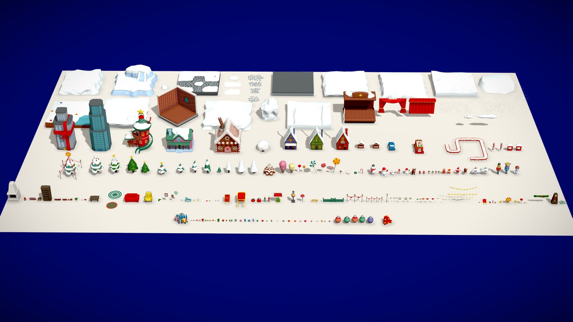 part of Low Poly Christmas Set download here

220 objects
301 к triangles full set 

Exteriors props:


Buildings (houses, hut, booths, skyscrapers, gingerbread house)
Landscape (hills, snow, snowdrifts)
Vegetation (trees)
Props (decorations, Christmas trees, room, stage, candies, bells, bows, car, sleigh, Christmas toys, stars, wreaths, clocks, furniture, factory, garlands, gifts and much much more)
Characters (penguins, elves, yeti, Nutcracker, Rat King, girl, snowmen, Santa, deers, gingerbread people)

Files: Unity  Unreal Engine 5 package (is compatible with version UE 5.1)  Blender  fbx  obj  glTF

Can be used for games, rendering, advertising.

Feel free to download it and leave your reviews, comments and likes. This will help us create more products for you 🙂 - Low Poly Christmas Exteriors - 3D model by Mnostva 3d model