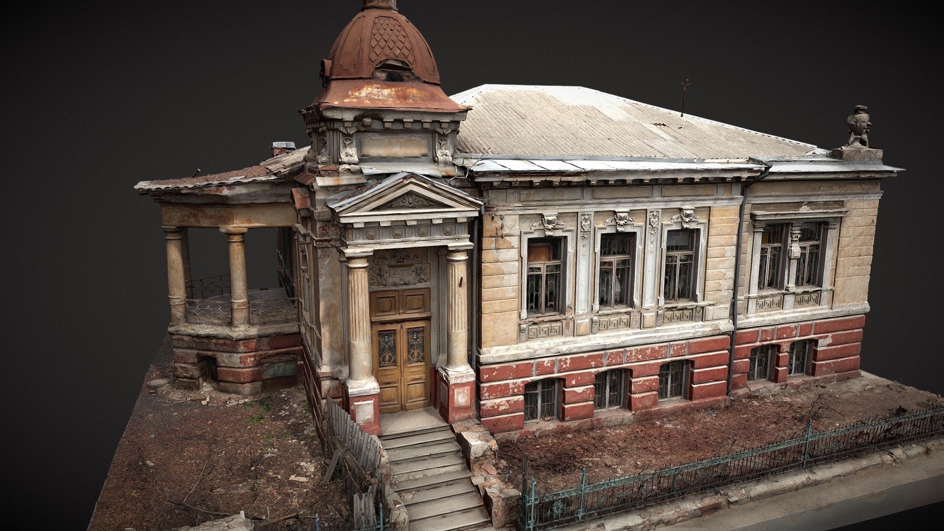Surukchi building in Kharkiv. (Sadova Str.)
The aim of the project is to get enough materials for the future full-fledged work by architects, this involves obtaining a cloud of facade points.
To solve this problem, we applied a complex solution - a combination of laser scanning and photogrammetric imaging.
The work process is divided into 2 stages. 
• The first stage involved laser scanning with panoramic photography and taking photos of the object from the UAV. It took 16 scanning stations and 350 photos to create an informative cloud of facade points. Using the RTC360 laser scanner and the Phantom Advanced UAV, this stage was completed in 4 hours.
• The second step was implemented by using Leica Cyclone and Capturing Reality software, which consisted of linking scan data in the local coordinate system. 
The next item was an automatic combination of an aligned cloud of dots and photos. 
And as a result of the data processing, we received a complete cloud of object points 3d model