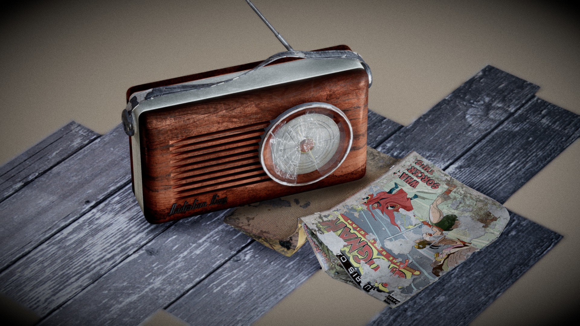It's a harsh, dead world out there! It can be lonely, cold, and full of terror. With the Audio buddy from Radiaion King - you have no need to feel alone! Bring a song with you no matter where you go, or listen to your favourite news broadcast to keep up to date on all the world's happenings. Choose your music depending on your mood changes!....But War.....War, never changes.

This is an apocalyptic Fallout inspired scene depicting a 50s style radio and Grognak comic book used by a lone traveller. Built in Blender, textured, materialised and modelled from scratch. ENJOY! - Radiation King: Audio Buddy - 3D model by PippyJ 3d model