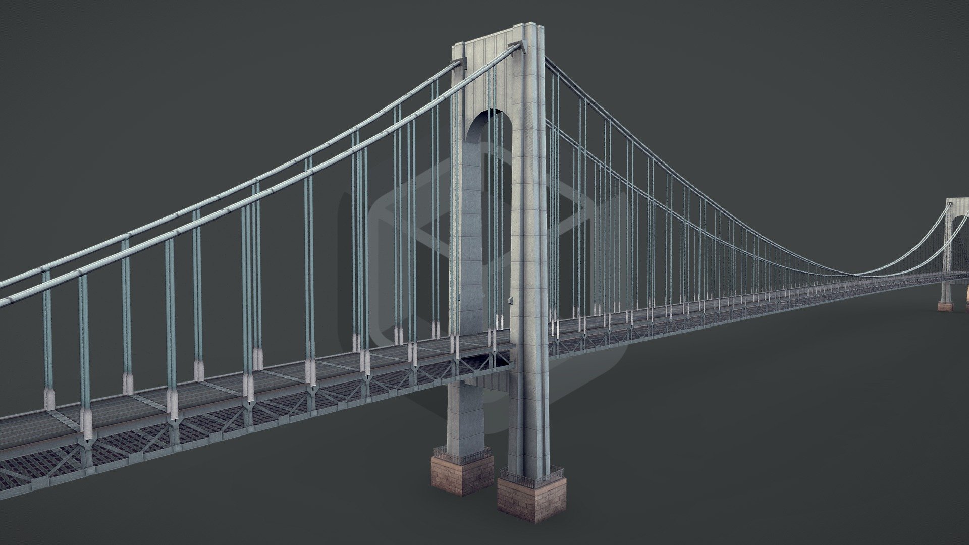 game ready

ideal as higher quality background object

good visual accuracy

real-world scale in meters: lenght appr. 4000 m

PBR specular workflow ready

lowpoly mesh with 5980 tris

100% triangulated

100% unwrapped non-overlapping

2 x uv layouts

2 x texture sets for 2 x material id´s

10 x native 4096 x 4096 px textures

2 x base diffuse, 2 x specular diffuse, 2 x gloss, 2 x normal dx, 1 x opacity mask

part on alpha has an additional .tga with alpha channel

included native file format 3dsmax 2014

additional file formats 3ds, dae, fbx, obj
 - Verrazano-Narrows Bridge New York - Buy Royalty Free 3D model by CGAmp 3d model