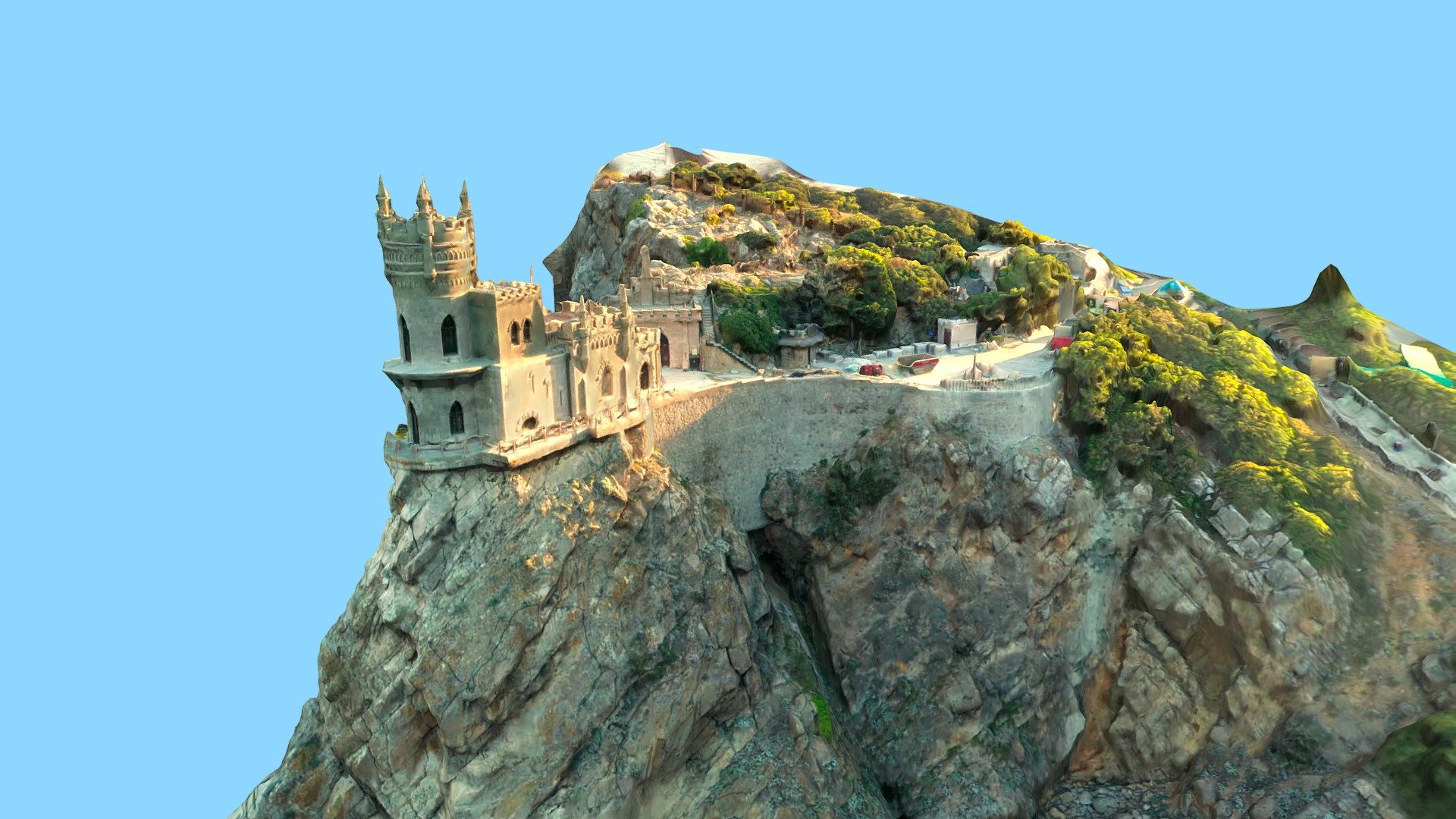 The Swallow's Nest (Ukrainian: Ластівчине гніздо, Lastivchyne Hnizdo, Russian: Ласточкино гнездо, Lastochkino gnezdo) is a decorative castle located at Gaspra, a small spa town between Yalta and Alupka, in the Crimean Peninsula. It was built between 1911 and 1912, on top of the 40-metre (130 ft) high Aurora Cliff, in a Neo-Gothic design by the Russian architect Leonid Sherwood for the Baltic German businessman Baron von Steingel.

The castle overlooks the Cape of Ai-Todor on the Black Sea coast and is located near the remains of the Roman castrum of Charax. The Swallow's Nest is one of the most popular visitor attractions in Crimea, having become the symbol of Crimea's southern coastline.
Source: Wikipedia.org - Swallow's Nest Castle, Gaspra, Crimean Peninsula - Buy Royalty Free 3D model by LibanCiel 3d model