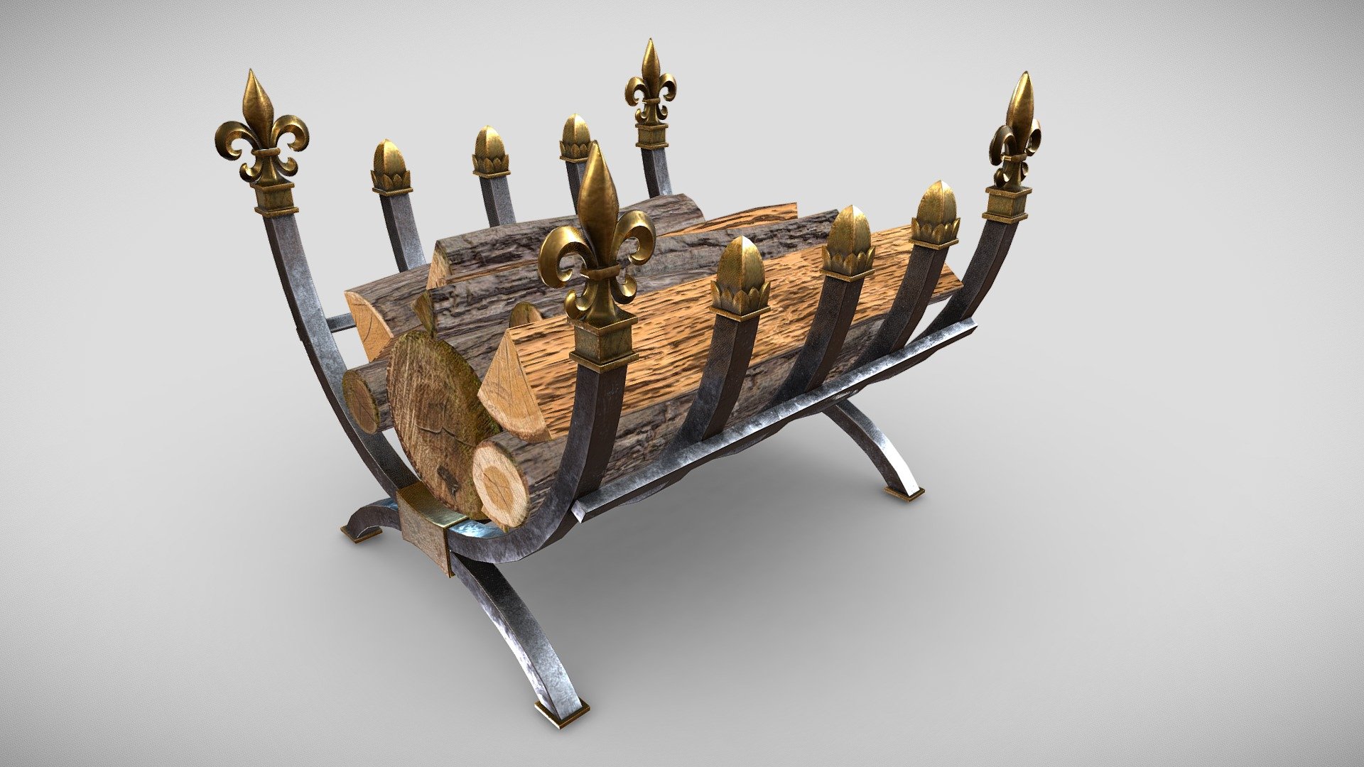 Decorated wood storage made of two types of iron. The design is subject to functionality, it consists only of a basic iron skeleton with decorated ends. Of course, there must be a filling in the form of chopped logs suitable for slow burning in the fireplace.The model is suitable for a any fireplace of the late 19th century. Models also have LODs and custom coliders for easy use as game props. Packed Ambient oclusion(R), roughness(G) and metalic(B) and unreal engine 4 project is also included 3d model