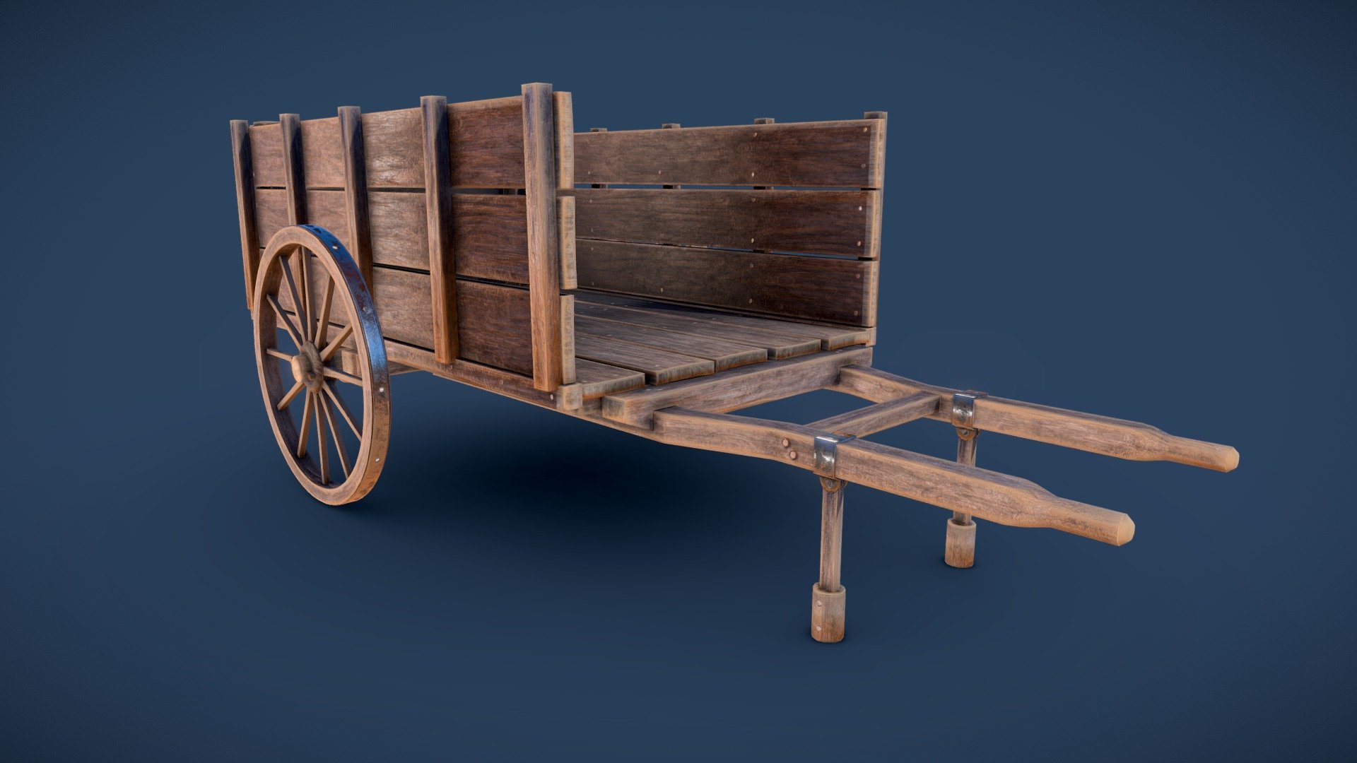 Textures created in Substance Painter and exported in .PNG PBR rough/metallic formats.

Logically named objects, materials and textures.

Modelled in Blender.2.93

Modelled to real world scales.

Fully and efficiently UV unwrapped.

Designed for PC/Next Gen consoles.

Tested in Marmoset Viewer, Marmoset Toolbag, EEVEE and Cycles.

Simple rig applied for the wheels, axle and stand. 


Formats included



.Blend (Native)

.FBX

.DAE

.OBJ


Objects included



Cart_Rig

Cart


Textures included in .png format.
Cart - 4K




Base Colour

Roughness

Normal (OpenGL)

Metallic

AO


Poly Counts



Face count: 2,238

Vert count: 2,566

Triangulated count: 4,396
 - Old Wooden Cart - Buy Royalty Free 3D model by PBR3D 3d model