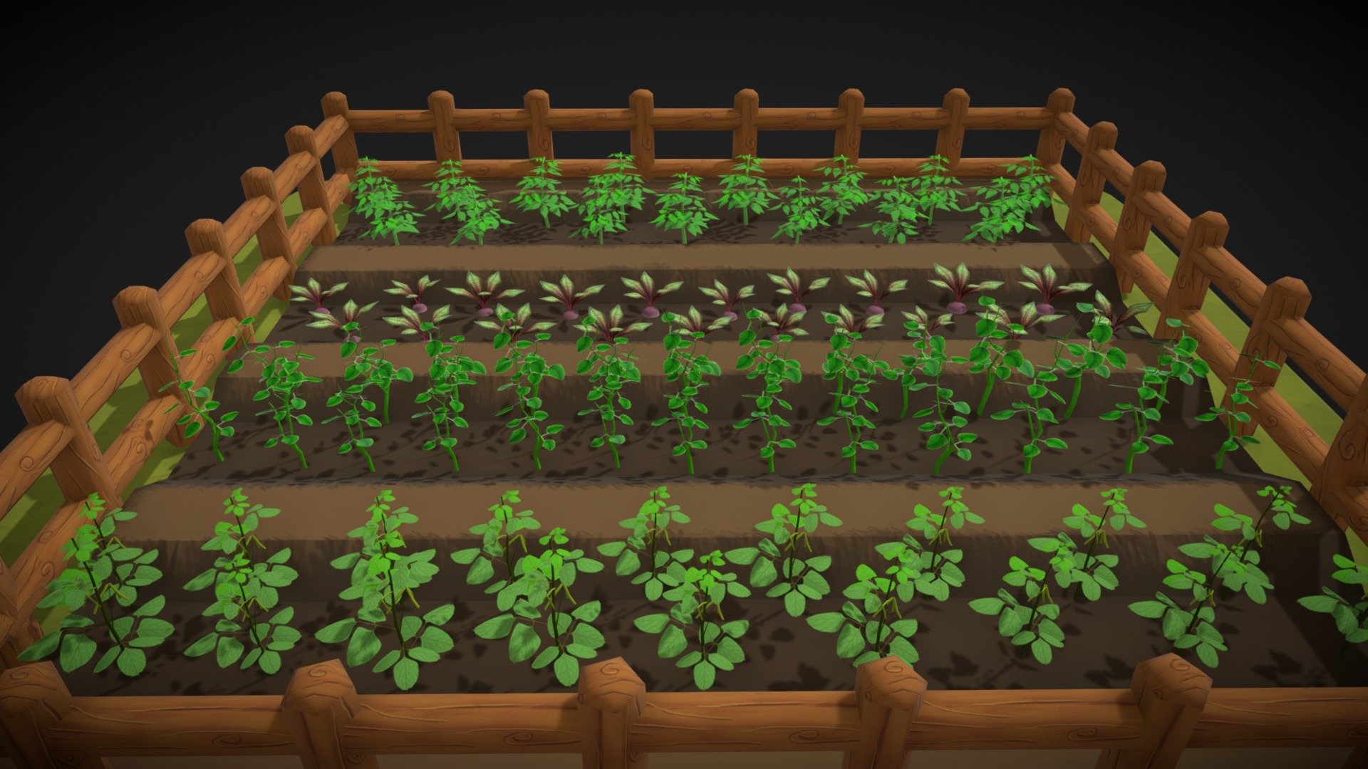 Low Poly vegetable farm
Tris count per plants.
1. Tomato plant tris : 150
2. pees plant tris: 172
3. Turnip plant tris: 90 
4. moong plant tris: 251
5. Total tris count of complite scene 14629 3d model