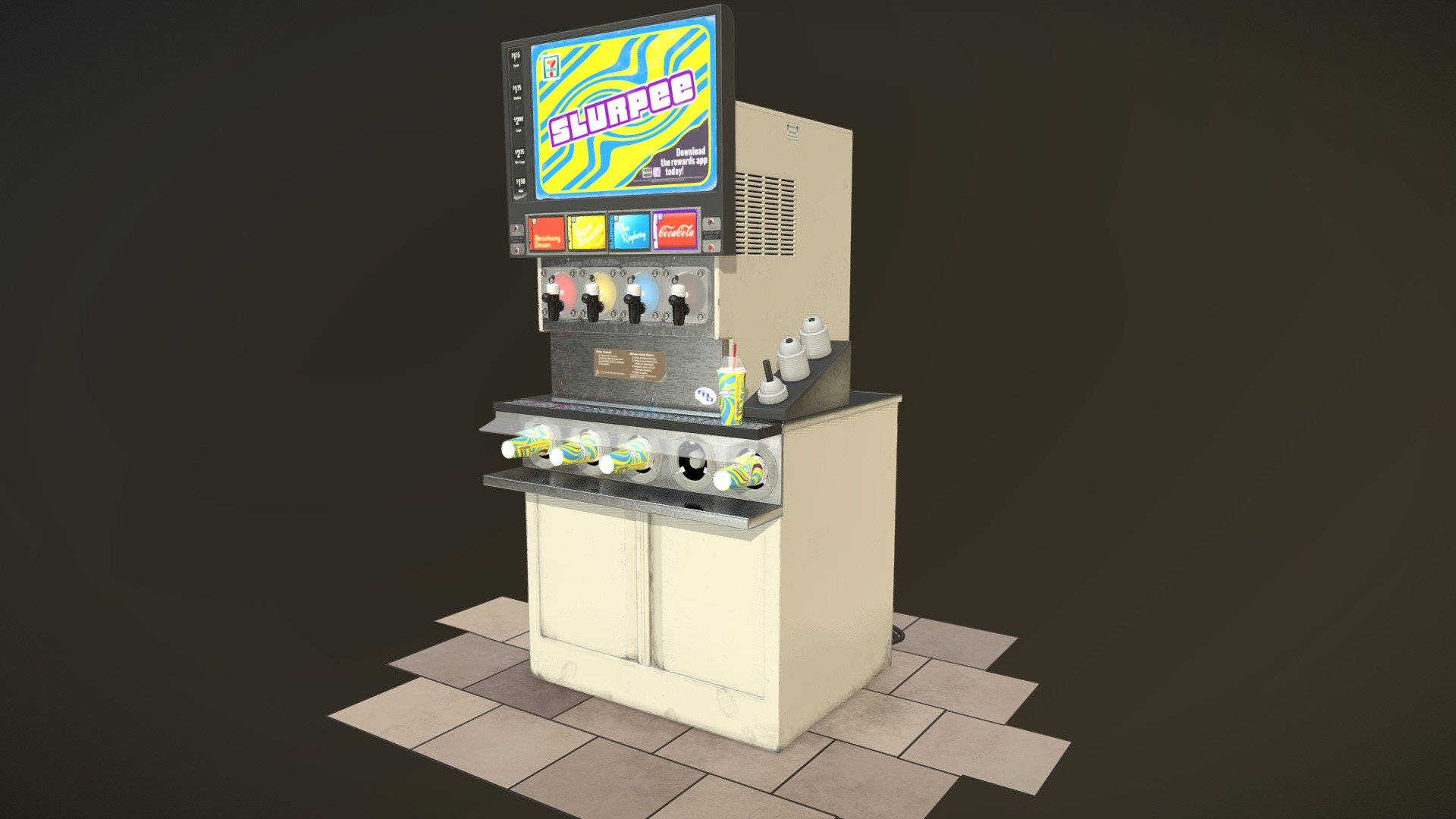 Realtime replica of a Slurpee Machine. The silly thing that started it all, this model is a passionate re-do of the first model I ever made. I decided to stuff in as many details as I possibly could since this one is very special to me. <3
https://www.artstation.com/artwork/o2KRLW

Modeled in Blender and textured in Substance Painter.

I first discovered 3D art back in the summer of 2010 when I started making props for the game Garry's Mod while I was in middle school.

You can see a screenshot of the original below:

 - Slurpee Machine - 3D model by Olivia Sabatka (@discopears) 3d model