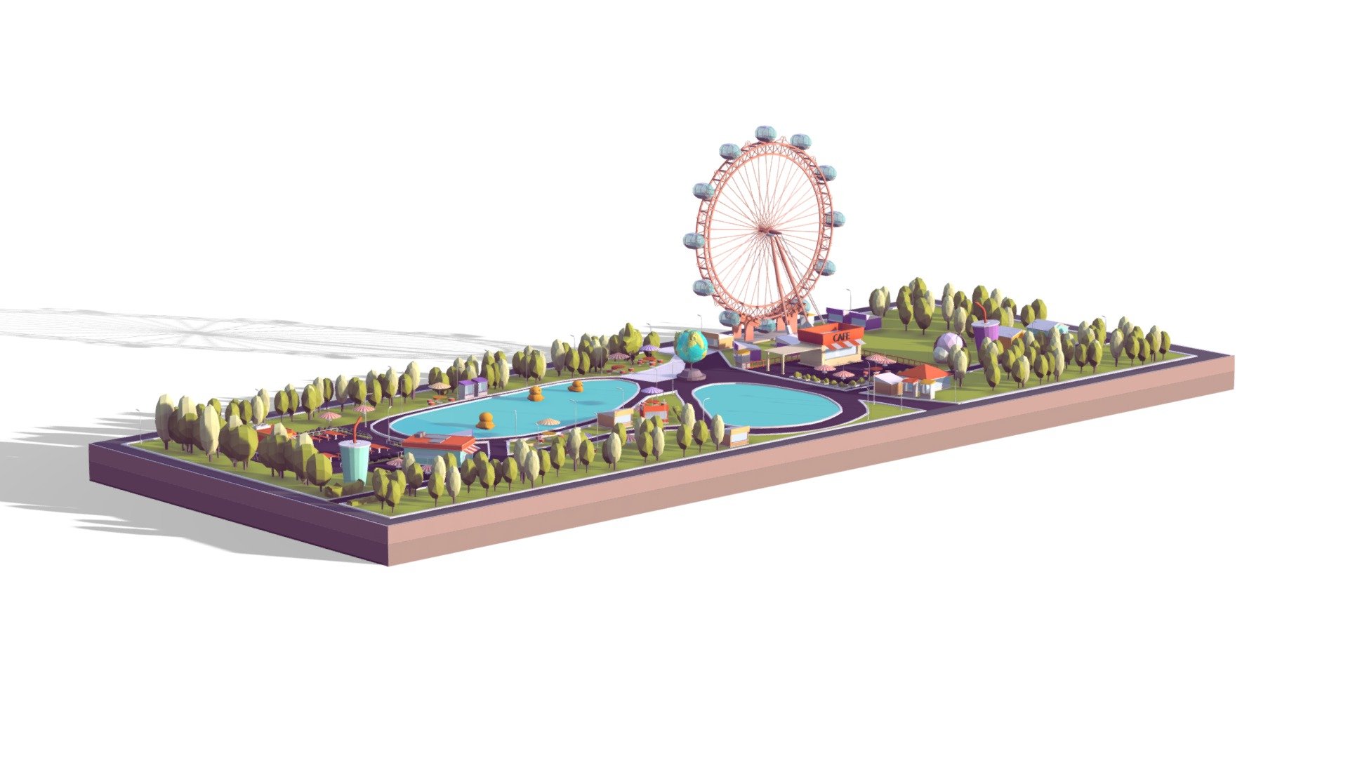 Created on Cinema 4d R20

Procedural Textured

Game Ready, Unity Ready

AR Ready, VR Ready

Include Wheel, Tickets, cafe (2) Trees (2) Streetlights, Ducks, Planet Monument, Drink Cap, Tables, Roads
 - Cartoon Low Poly Park Illustration - Buy Royalty Free 3D model by antonmoek 3d model