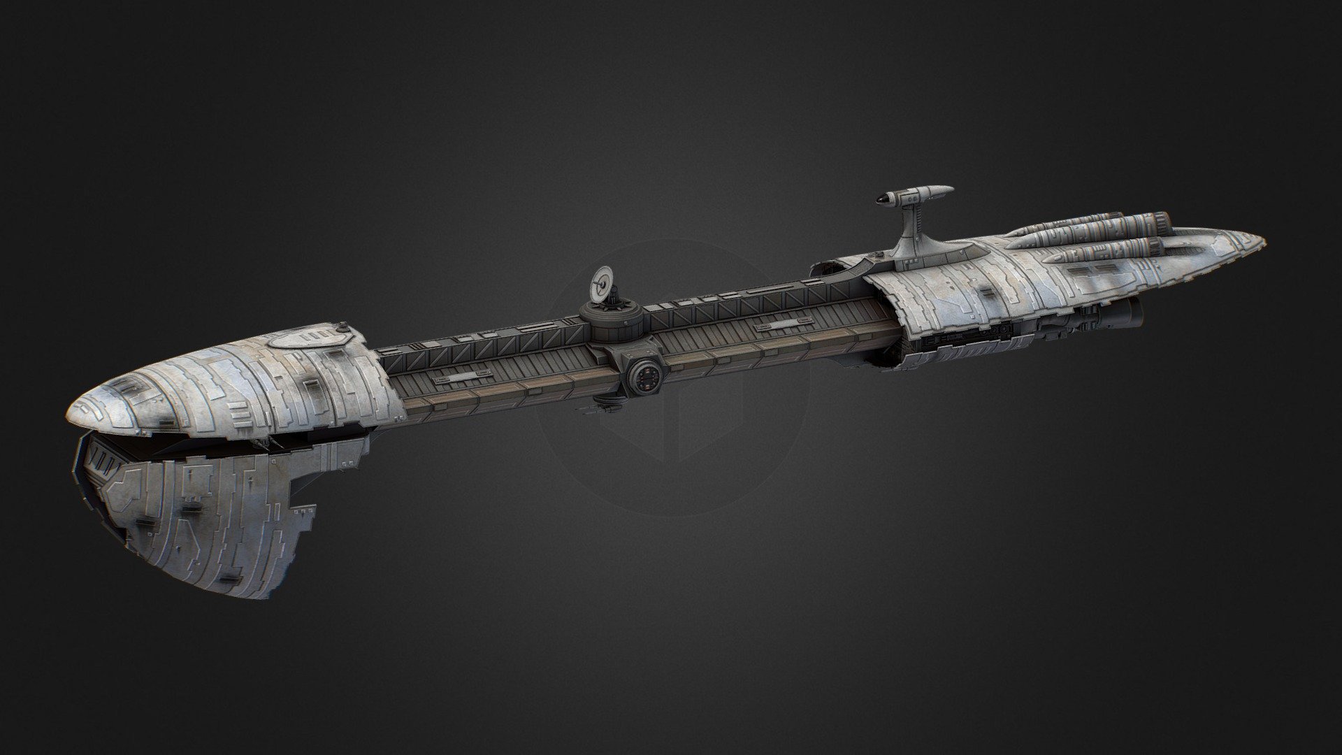 After the Galactic Civil War, the fledgling New Republic saw need for multi-role vessels that could be manufactured quickly and in number for defense, exploration, and response to any lingering Imperial Remnant threats. They looked to Kuat Drive Yards to create a vessel that improved upon the popular concept of the EF-76 Nebulon B. Thus the Responder-class Support Frigate was created, with heavy influence from Gallofree, having been absorbed by KDY. -Zespo

• Join my Patreon for monthly game asset models! www.patreon.com/Kharak

• Links to my discord, Youtube and other sites: linktr.ee/dominion_of_kharak - Responder Class Frigate_Commission - 3D model by Kharak 3d model