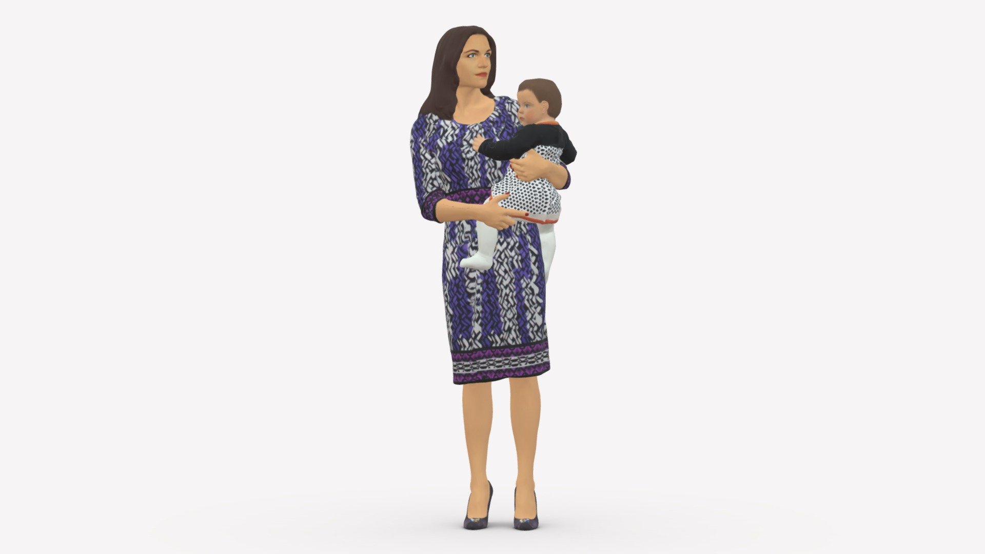 We provide unique 3d scanned models with realistic proportions for closeup and medium-distance views in artworks, paintings and classes. As well as architectural visualization projects.

Main features:




high-end realistic 3d scanned model;

realistic proportions;

highest quality;

low price;

saves you time for more time in landscaping and interiors visualization.

FEATURES 




3d scanned model 

Extremely clean

Edge Loops based

smoothable

symmetrical

professional quality UV map

high level of detail

high resolution textures

real-world scale

system unit: cm

TEXTURES 




Textural Resolution: 4096 x 4096

Color Map

The model is suitable for stereolithography 3d printing 

The model is also ready for fullcolour 3d printing - Woman with childon in hands 0919 - Buy Royalty Free 3D model by 3DFarm 3d model