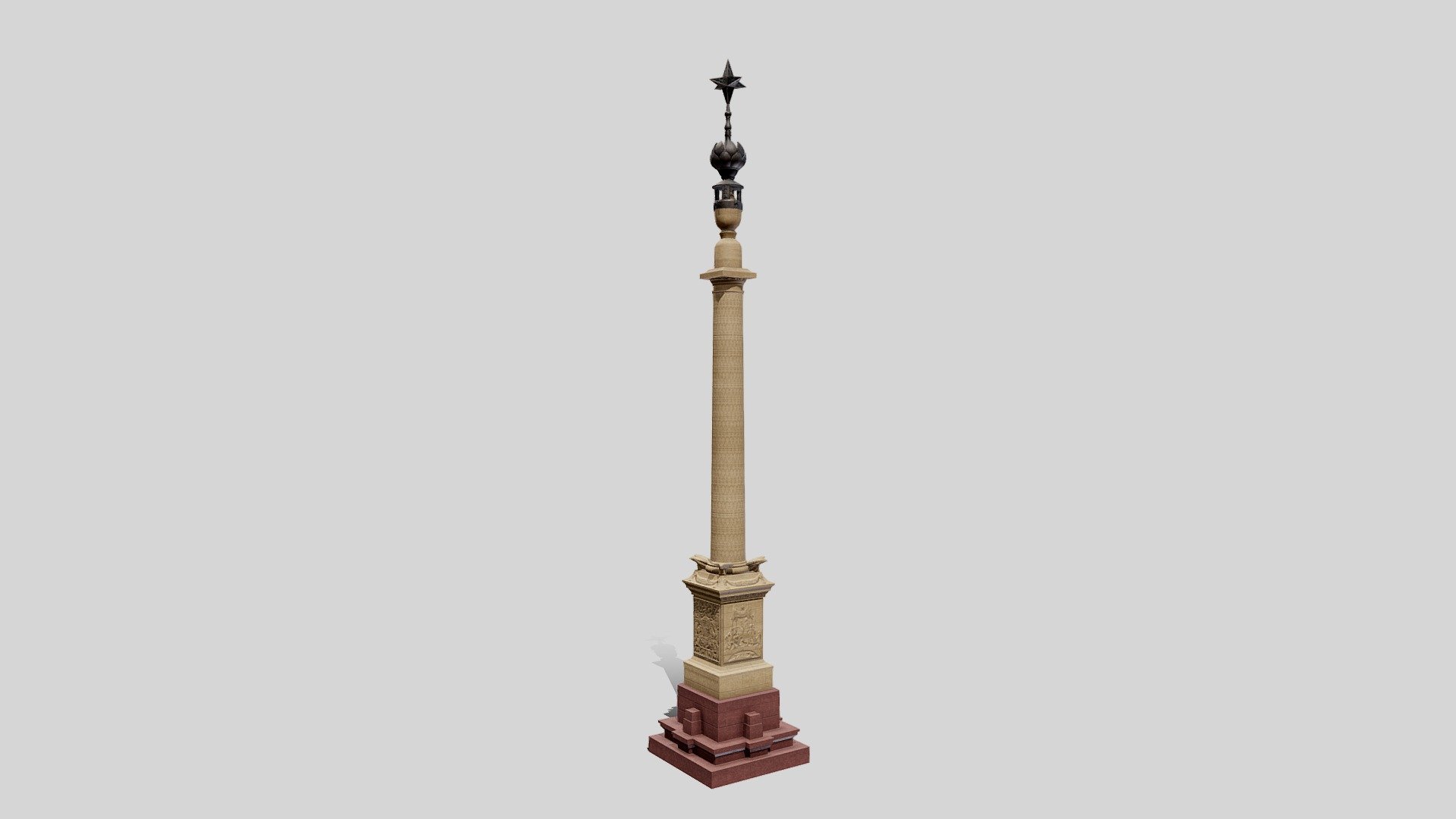 The Jaipur Column is a 44m tall monumental column in the middle of the courtyard in front of Rashtrapati Bhavan, the presidential residence in New Delhi, India. In 1912 Madho Singh II, the Maharaja of Jaipur, offered to sponsor its construction to commemorate the 1911 Delhi Durbar and the transfer of the capital of India from Kolkata to New Delhi.

The textures have been created in Substance Painter and Designer specifcally for this model to give it a high quality, realistic look 3d model