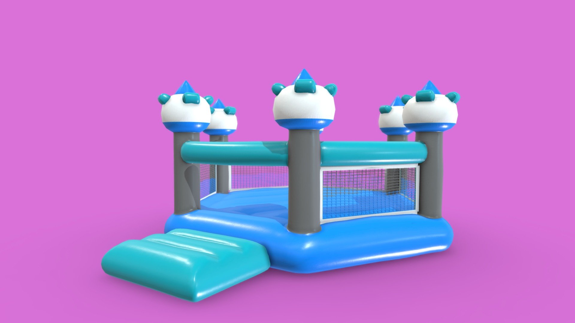 This is a 3D model of an Inflatable blue hexagon castle

Made in Blender 2.9x (Cycles Materials) and Rendering Cycles.
Main rendering made in Blender 2.9 + Cycles using some HDR Environment Textures Images for lighting which is NOT provided in the package!

What does this package include?

3D Modeling of an Inflatable blue hexagon castle
2K and 4K Textures (Base Color, Normal Map, Roughness, Ambient Occlusion) 

Important notes

File format included - (Blend, FBX, OBJ, MTL)
Texture size -  2K and 4K 
Uvs non - overlapping
Polygon: Quads
Centered at 0,0,0
In some formats may be needed to reassign textures and add HDR Environment Textures Images for lighting.
Not lights include 
Renders preview have not post processing
No special plugin needed to open the scene.

If you like my work, please leave your comment and like, it helps me a lot to create new content.
If you have any questions or changes about colors or another thing, you can contact me at  we3domodel@gmail.com - Inflatable Blue Hexagon Castle - Buy Royalty Free 3D model by We3Do (@we3DoModel) 3d model