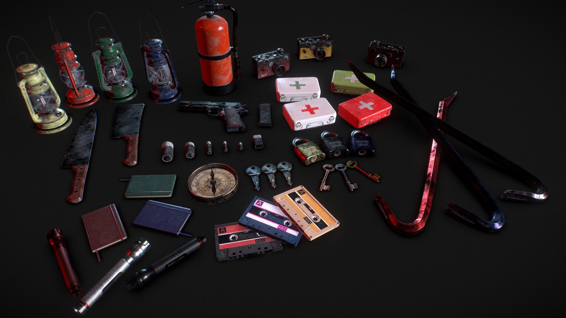 This Survival Horror Pack is great for making realistic horror games.

Who doesn't love horror games? That's why I'd like to introduce you, these 16 unique 3D assets for horror, and of course other realistic games

This asset pack was made to look more old-fashioned and contain everything you need, but at the same time something more. That's why you'll also find different types or color variations of models here, to give you more freedom to create something awesome.

The package includes:

16 unique models:




Gun

First Aid Kit (4 var.)

Batteries

Cassettes (3 var.)

Crowbar (3 var.)

Kitchen Long Knife 

Butcher Knife

Camera (3 var.)

Compass

Fire Extinguisher

Lantern (4 var.)

Flashlight (3 var.)

Diary (3 var.)

Old Key (3 var.)

Modern Key (3 var.)

Lock (3 var.)

Others:




Simple to use, well organized

Made in Blender 3.6

All sources in additional file (FBX,OBJ,STL)!

(READ ME.txt!)

No Anim.

Textures:
All Textures are (4096x4096) - Survival Horror 3D Model Starter Pack Low-Poly - Buy Royalty Free 3D model by Jakub (@jakub.iv) 3d model