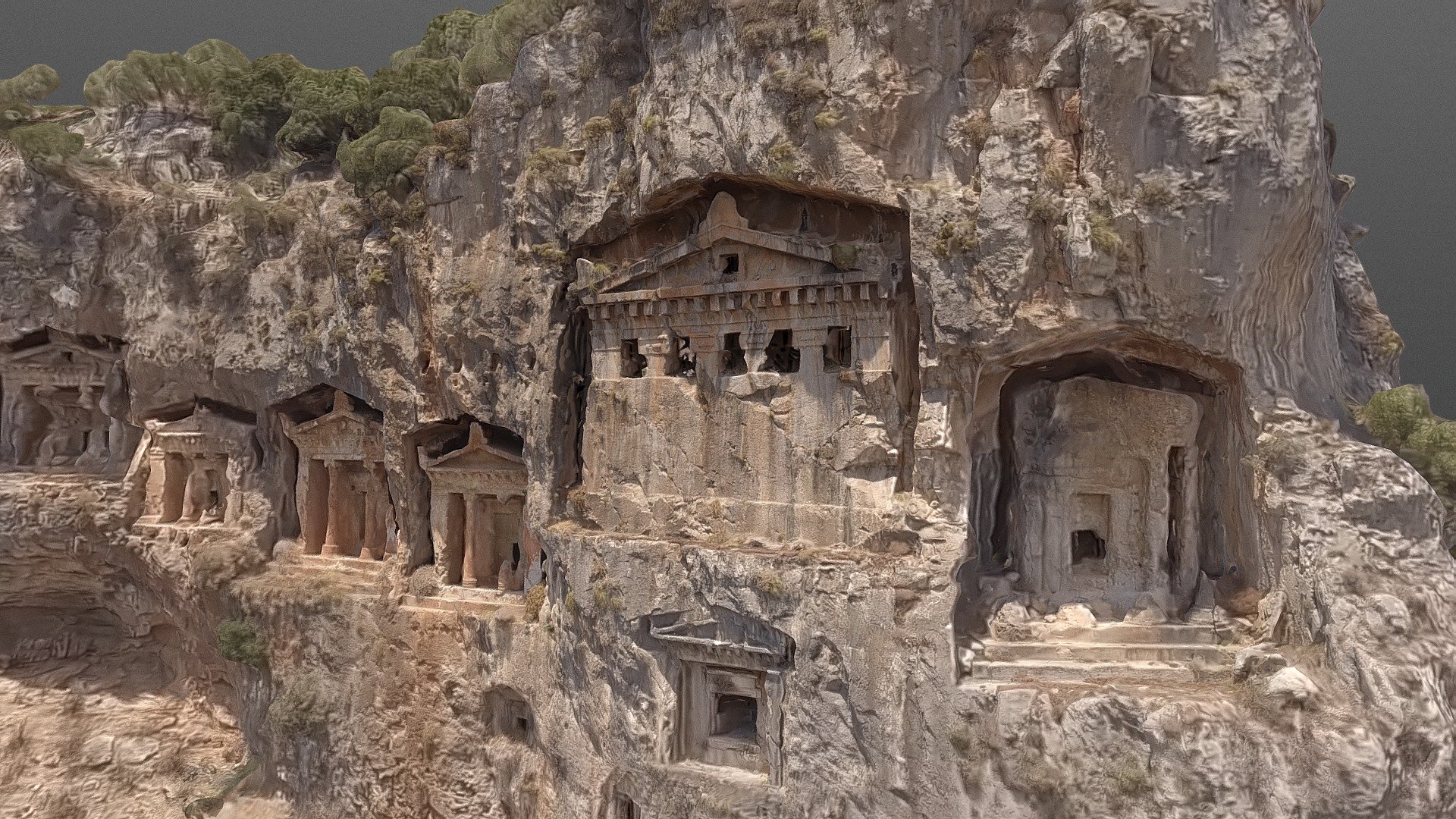 The ancient Lycians are among the most enigmatic people of antiquity because little historical record has been left behind them. But what has been discovered reveals a fascinating people culturally distinct from the rest of the ancient world at the time. Around twenty major sites remain today with the Lycians' unusual funerary architecture, including incredible rock-cut tombs carved into cliff faces dominating the breathtaking unspoiled land of Lycia. Dalyan, Turkey
https://www.ancient-origins.net/ancient-places-asia/ancient-lycians-and-their-spectacular-rock-cut-tombs-001756

Experimental, reconstructed from various 4K drone footage only - Lycian cliff tombs, Dalyan - Download Free 3D model by 333DDD (@333DDD-oficial) 3d model