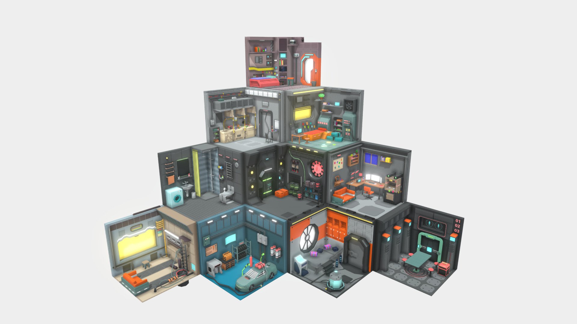 This low-poly room interior is perfect for game development, rendering, advertising architectural visualization, virtual reality experiences, and more, adding stunning low-polygon interior environments to your projects

10 Rooms 300+ Assets

Room Types: Bedroom, Kitchen, Computer, Dining, Bathroom, Laboratory, Garage, Hall, Storage Room, Nuclear facility room

Items: Walls, computer, plant, devices, pipe, surgical, bed, lamp, keyboard, starship, car, machine, frame, cup, book, fan, meter, table, bottle, knife, own, light, radio, chemical fume hoods, chair, flask, car, nos, wheel, stair, food, coffee, plant, carpet, tube, fire extinguishers, shower

Material Two Materials (Color, Emission)

Texture One Texture (512, 1024, 2048, 4096)

File Formate




Blender 3.9 (Native)

Autodesk FBX

OBJ

This asset is used in games, rendering pipeline, and advertising campaigns, and etc.

If you have a specific requirement for a model, we will be happy to add it! Just send me - Low Polyt Sci-fi Rooms Interiors - Buy Royalty Free 3D model by Quaint Game Studio (@quaintgames) 3d model