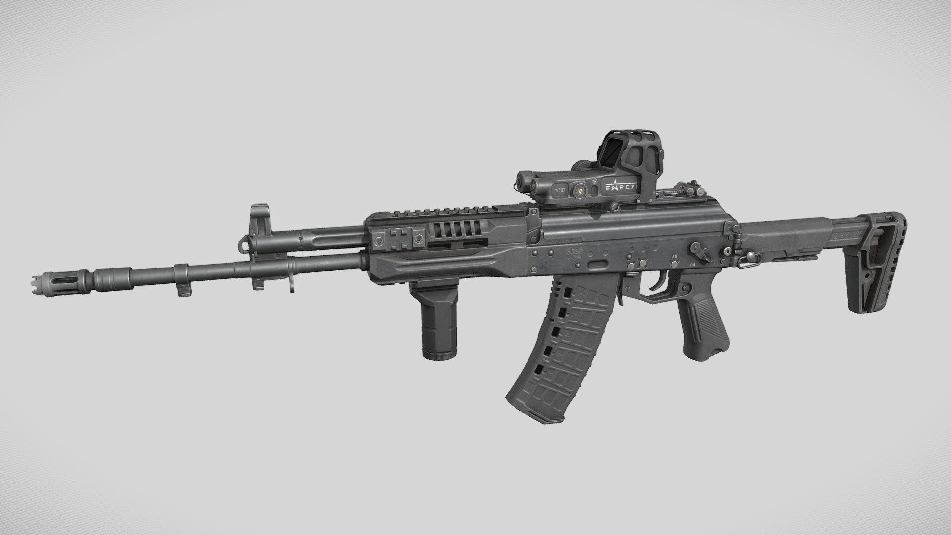 Assault rifle created for an Arma Reforger mod. It's based on the AK-12's 2020 upgrade, and the AK-12M1 with some minor fictionalizations here and there to fit my futuristic setting.

БАРСУК logo made by Grave 3d model