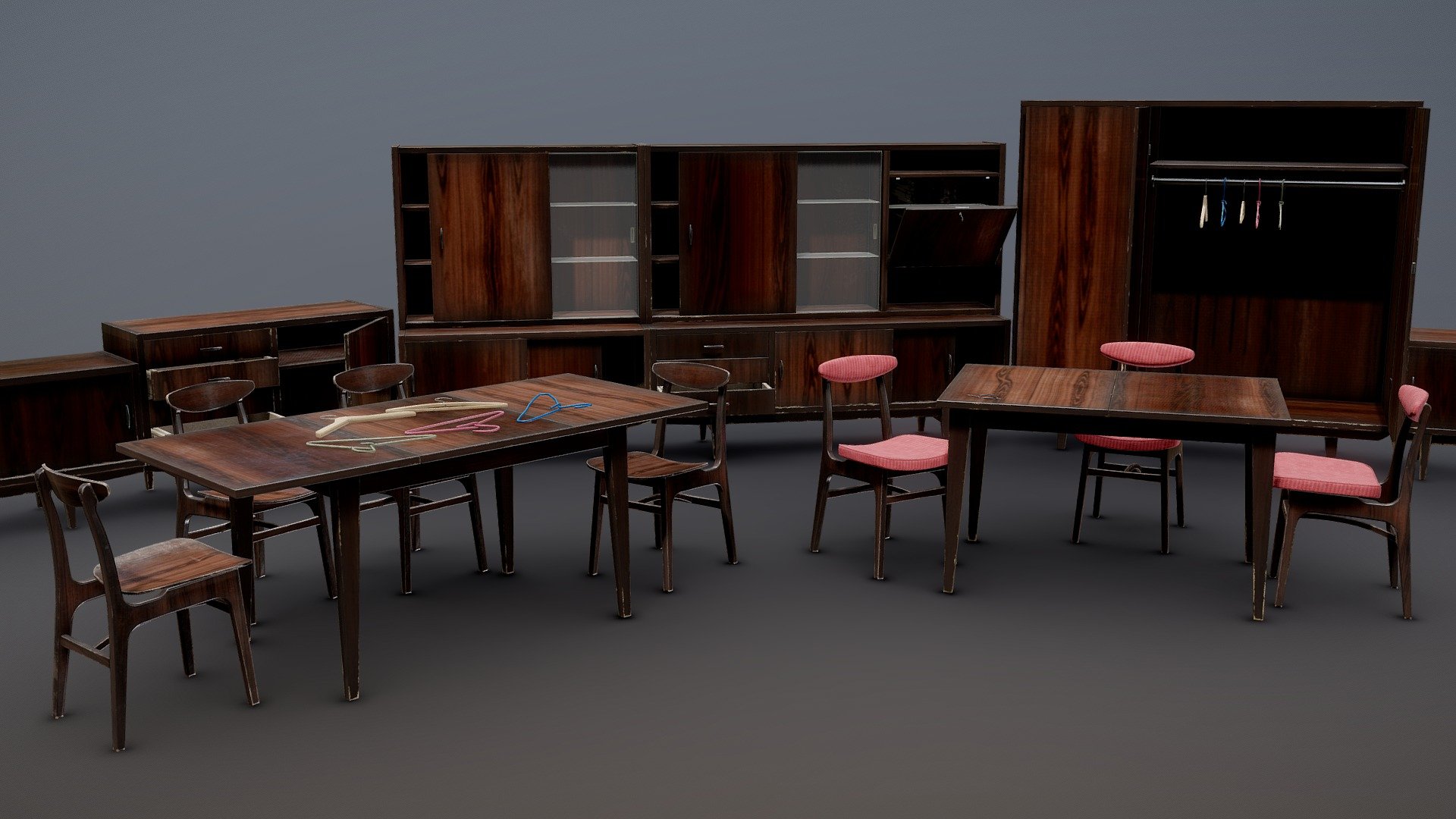 A collection of game-ready, optimised 3D assets suitable for Unity5, UE4 and 5 or any real-time application including VR and AR.

Assets come with manually made LODs in 3-4 stages. TGA textures in 4 different presets: PBR Metallic Roughness, UE4/5, Unity Standard Pipeline, Unity HDRP

All of the doors and drawers are separated objects with functional pivots. The pivots do not work in Unreal Engine.

List of assets:

1.Soviet Chest of Drawers Variant 1 Dark - 1,056 tris.

2.Soviet Chest of Drawers Variant 2 Dark - 1,466 tris.

3.Soviet Chest of Drawers Variant 3 Dark - 1,456 tris

4.Soviet Chest of Drawers Variant 3 with Upper Section Dark - 1,456 + 1,106 tris.

5.Soviet Wardrobe Variant 3 Dark -  776 tris

6.Soviet Table Variant 1 Dark - 424 tris

7.Soviet Chair Variant 1 Dark - 3,238 tris 

8.Soviet Cloth Hangers Clean and Dirty - 412-596 tris 

9.Soviet Furniture Keys Clean - 400-452 tris

All of the models except for keys come in 2 variants: Clean (without the damage and stains) and Dirty 3d model