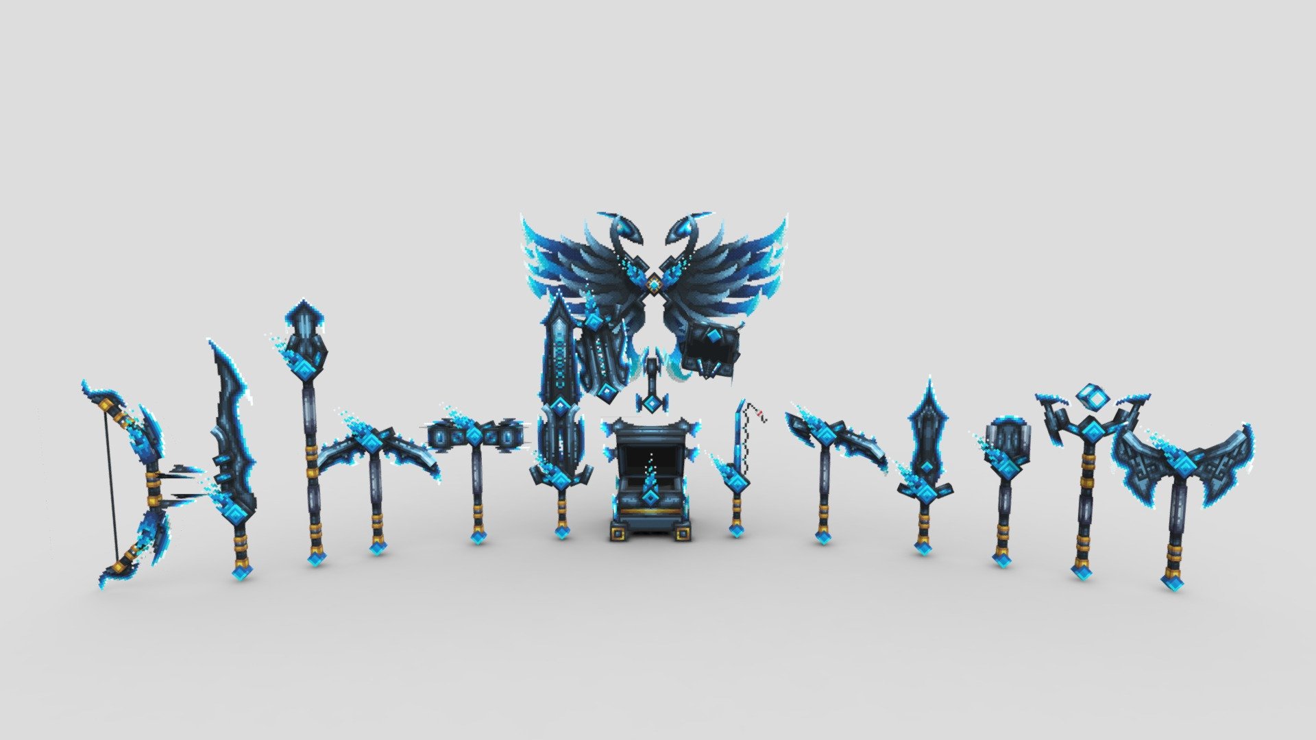 Included in the Slayer Weapon Set:




Axe

Bow

Chest

Claymore

Fishing rod

Hammer

Helmet

Hoe

Key

Knife

Pickaxe

Shield

Shovel

Spear

Staff

Sword

Wings
 - Slayer Weapon Set - Buy Royalty Free 3D model by EliteCreatures 3d model
