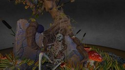 Tree Scene tree, skeleton, dead, mushrooms, rock, leaves