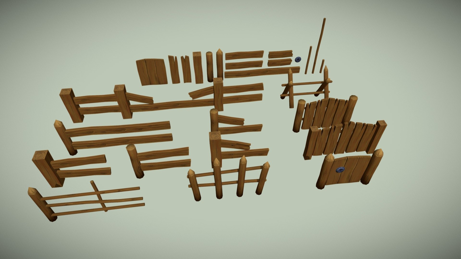 Fences pack

Created in blender
Hand painted texture with quality: 2048x2048

Content:
 fbx 3D model with multiple fence pieces and standalone fence pieces for creating your own fence.
 1 textures and 1 UV map for all model - Stylized Low Poly Wooden Handpainted Fences Pack - Buy Royalty Free 3D model by RMartstyle 3d model