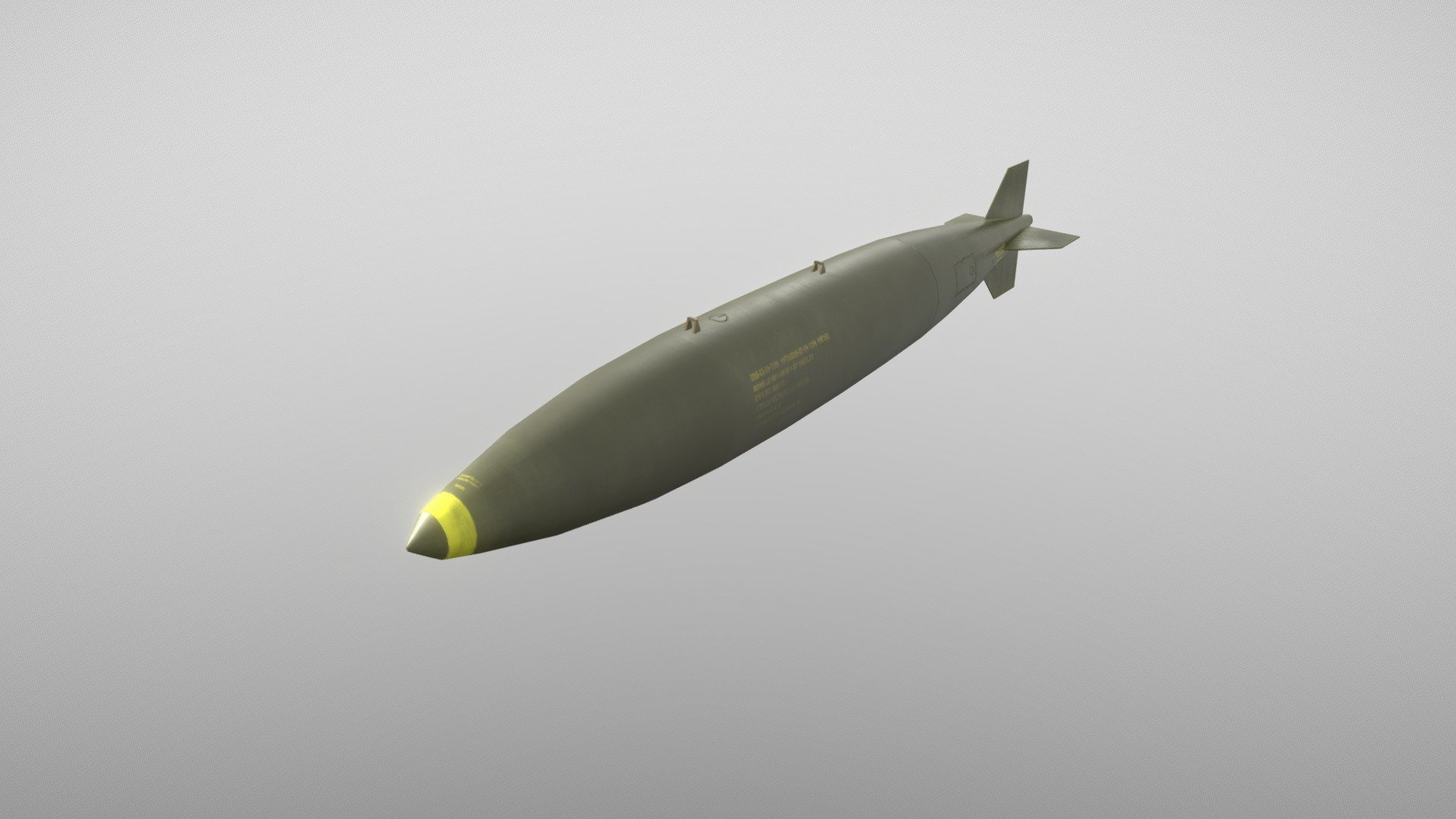 =>Model is in .blend, .fbx, .obj.

=>Mesh has fully unwrapped UVs.

=>1024x1024 .png textures.

=>Includes BaseColor, Metallic, Roughness and Normal textures.

The Mark 84 or BLU-117[2] is an American general-purpose bomb. It is the largest of the Mark 80 series of weapons. Entering service during the Vietnam War, it became a commonly used US heavy unguided bomb (due to the amount of high-explosive content packed inside) to be dropped. At the time, it was the third largest bomb by weight in the US inventory behind the 15,000-pound (6,800 kg) BLU-82 &ldquo;Daisy Cutter