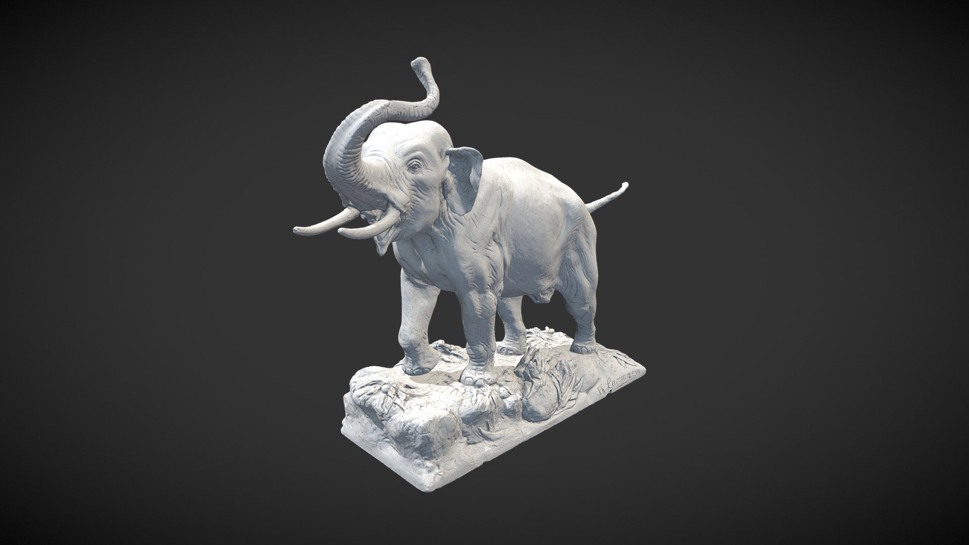 La maquette de l'éléphant d'Asie a été réalisée en 1911 par le taxidermiste Philippe Lacomme du Muséum d'histoire naturelle de Toulouse. Elle a servi de modèle avant de réaliser la naturalisation du spécimen. 
Sculpture en plâtre. Sur le socle est gravé le texte : &ldquo;Ph. Lacomme 1911 éléphant d'Asie en fureur Toulouse &ldquo;.
Hauteur :  45 cm | Largeur :   58 cm | Profondeur :  22 cm | Poids :  5,79 kg 
En savoir plus sur le spécimen naturalisé : https://www.museum.toulouse.fr/-/l-histoire-particuliere-de-punch-l-elephant-d-asie 



The model of the Asian elephant was made in 1911 by the taxidermist Philippe Lacomme of the Toulouse Natural History Museum. It was a model before the specimen was naturalized. 
Plaster sculpture. On the base is engraved the text: &ldquo;Ph. Like the 1911 Asian elephant in fury Toulouse.
Height: 45 cm | Width: 58 cm | Depth: 22 cm | Weight: 5.79 kg - Maquette préparatoire de l'éléphant d'Asie - 3D model by Museum de Toulouse (@museumdetoulouse) 3d model