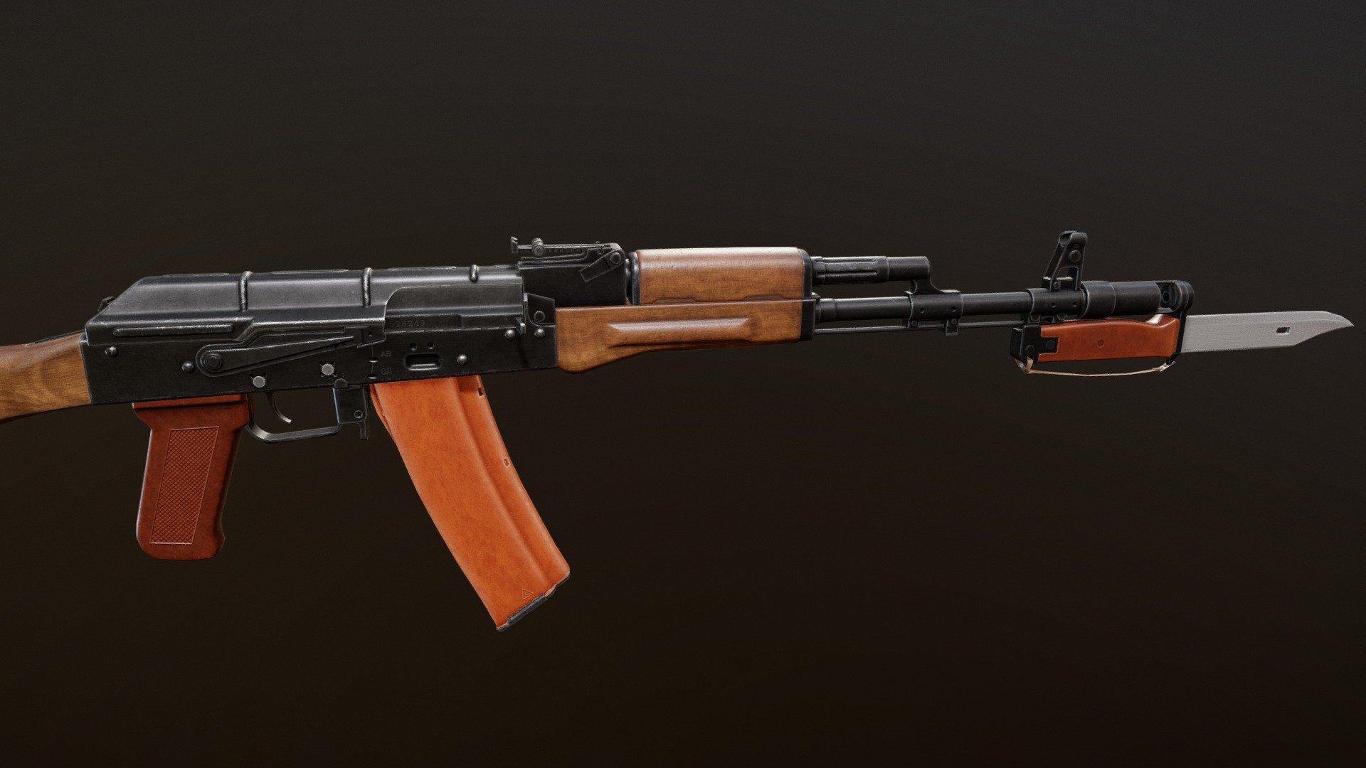 Modeled in Blender, textured in Substance Painter. Files: mesh in .fbx, textures: Roughness, Metallic, AO, Base color, Normal.

Specs:




35 objects

completely triangulated

Triangles count: 25446

Bayonet is separatable

Textures:




PBR textures in png

4 UV sets:

Main: 4096x4096

Magazine: 2048x2048

Bayonet: 2048x2048

Ammo: 512x512
 - AK-74 with bayonet - Download Free 3D model by Thompson (@ToMiko12) 3d model