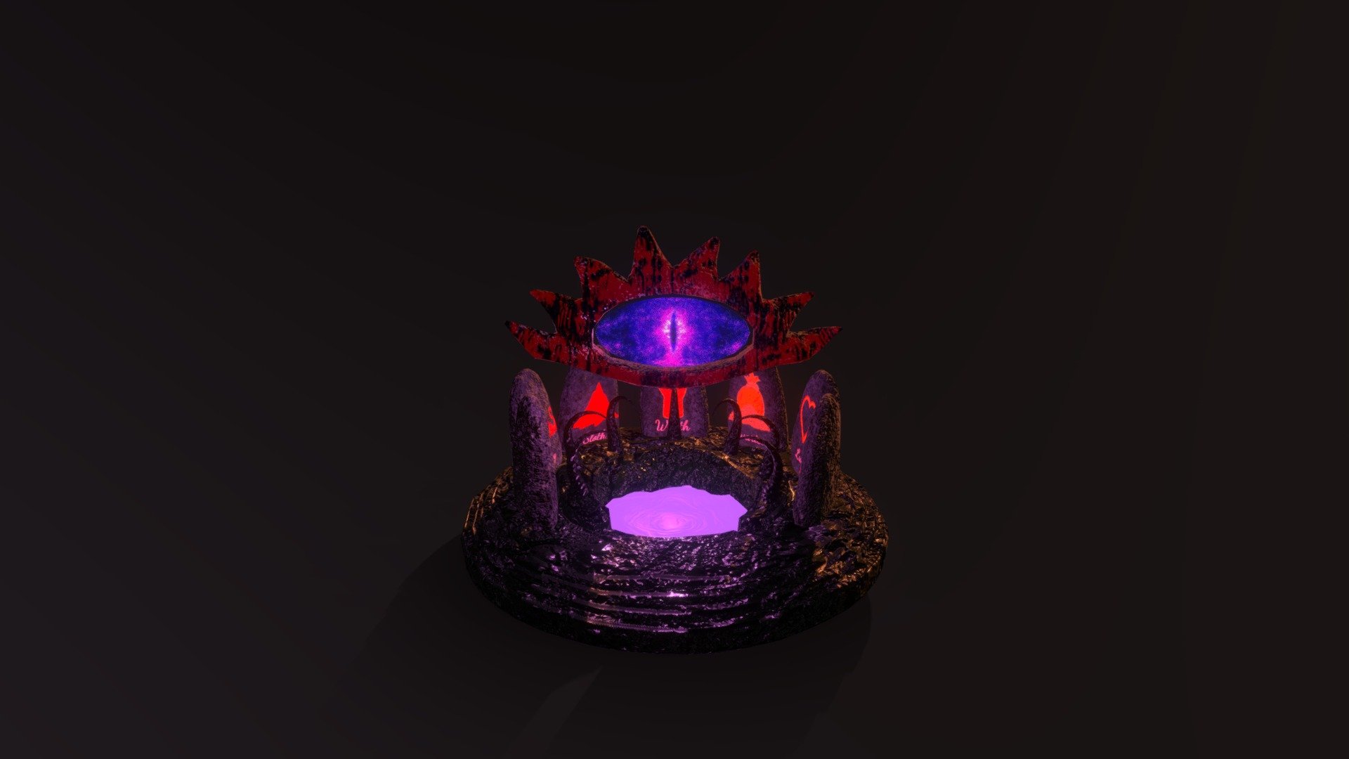 This shall be a portal to hell, which was my first 3D Artwork. The Stones with the illuminating signs shall represent the seven mortal sins: Wrath, jealousy, pride, lust, greed, sloth and gluttony. I tried to get specific signs for each sin in the topology of the stones, which was rather bad. Now its clear I should have textured these signs on the rocks. That would have been much easier and the result has been better. In the inner space of the portal are tentacles, one for each sin. So the sinners will be grabbed by the specific tentacle and brutally thrown into the portal 3d model