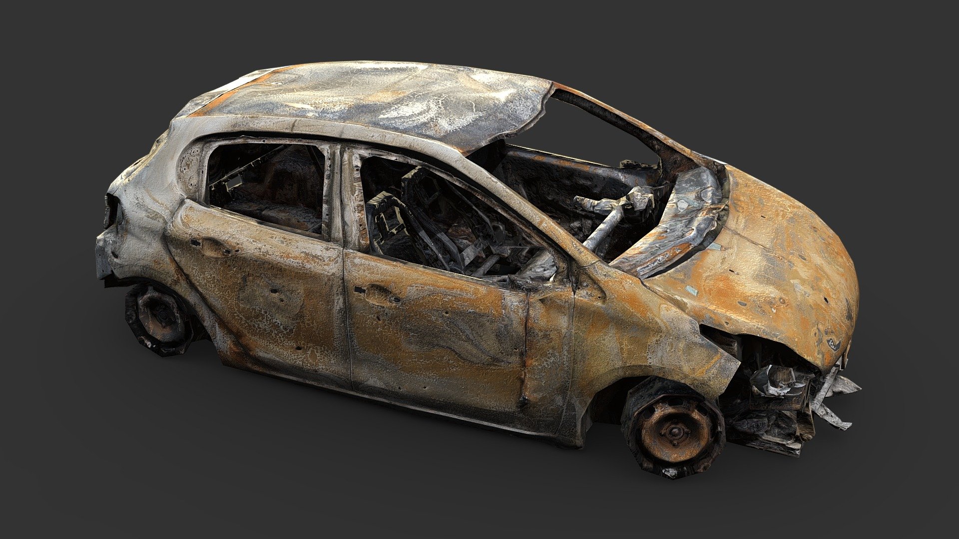 Attempt at using 3D coat for retopology of a 3D scan, I'd say it came out pretty okay, doubly so because I retopo/baked this on a laptop instead of my usual rig - Burned-out Car Test - 3D model by Renafox (@kryik1023) 3d model