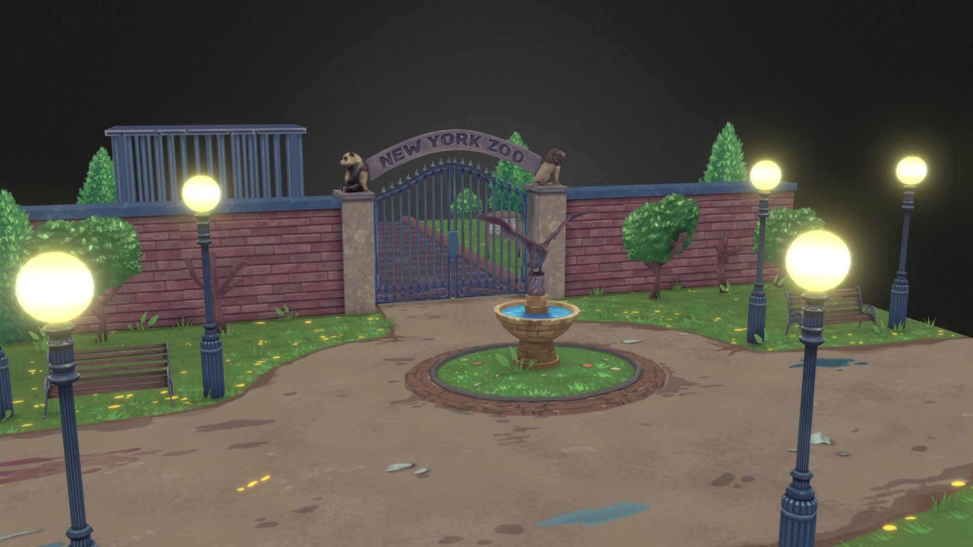 TMNT Mutant Madness New York Zoo scene. The scene uses one main texture broken up into 4 quadrans, One tileable for the floor and the other three quadrans contain unique detail for the props and walkways. This scene was great putting together, I really loved making the so much of it, especially the statues and fountain! - TMNT Mutant Madness Zoo - 3D model by Jasper Rubino (@jasperrubino) 3d model