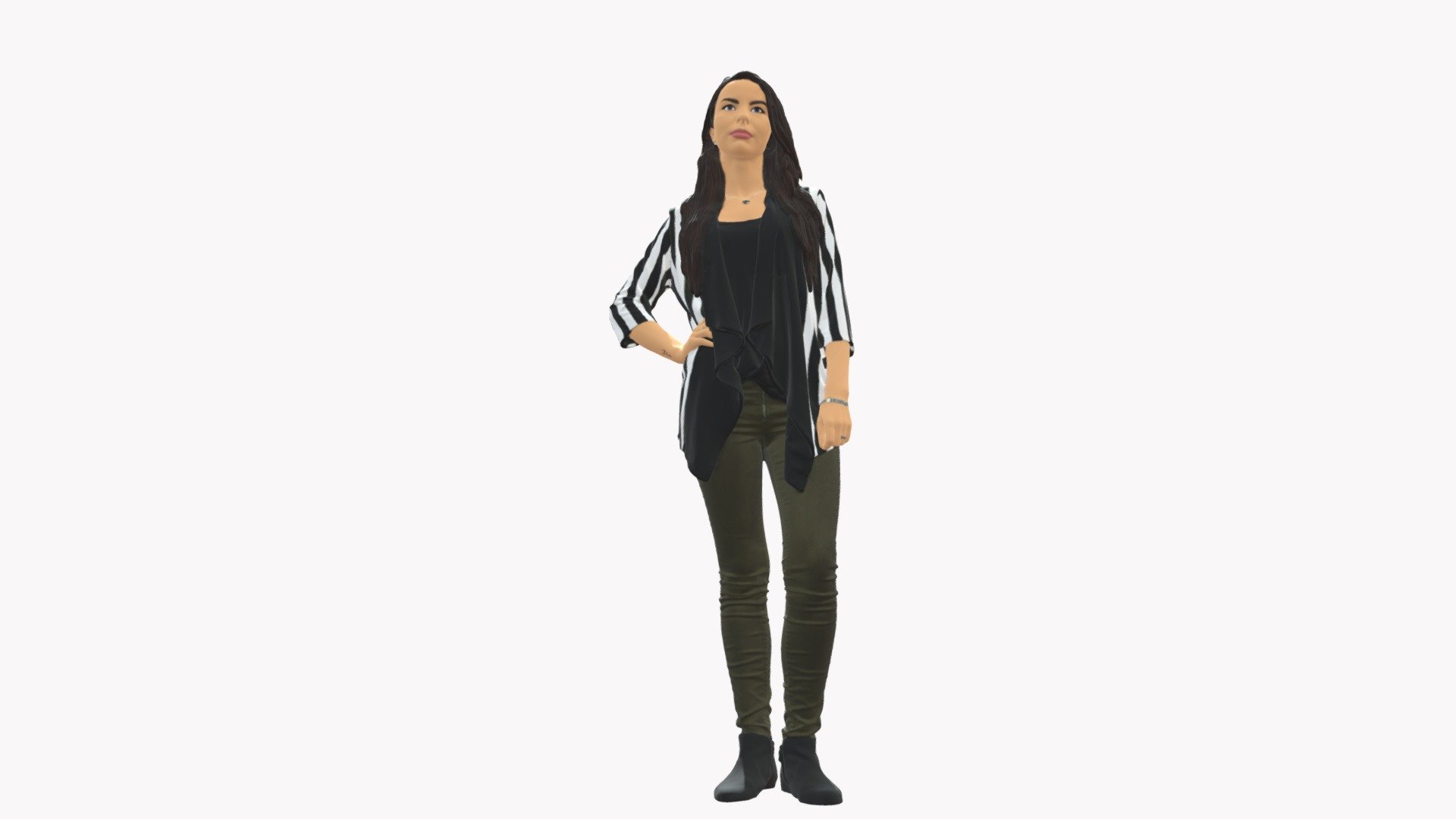 We provide unique 3d scanned models with realistic proportions for closeup and medium-distance views in artworks, paintings and classes. As well as architectural visualization projects.

Main features:




high-end realistic 3d scanned model;

realistic proportions;

highest quality;

low price;

saves you time for more time in landscaping and interiors visualization.

FEATURES 




3d scanned model 

Extremely clean

Edge Loops based

smoothable

symmetrical

professional quality UV map

high level of detail

high resolution textures

real-world scale

system unit: cm

TEXTURES 




Textural Resolution: 4096 x 4096

Color Map

The model is suitable for stereolithography 3d printing 

The model is also ready for fullcolour 3d printing - Woman in stripped top hand on hip 0797 - Buy Royalty Free 3D model by 3DFarm 3d model