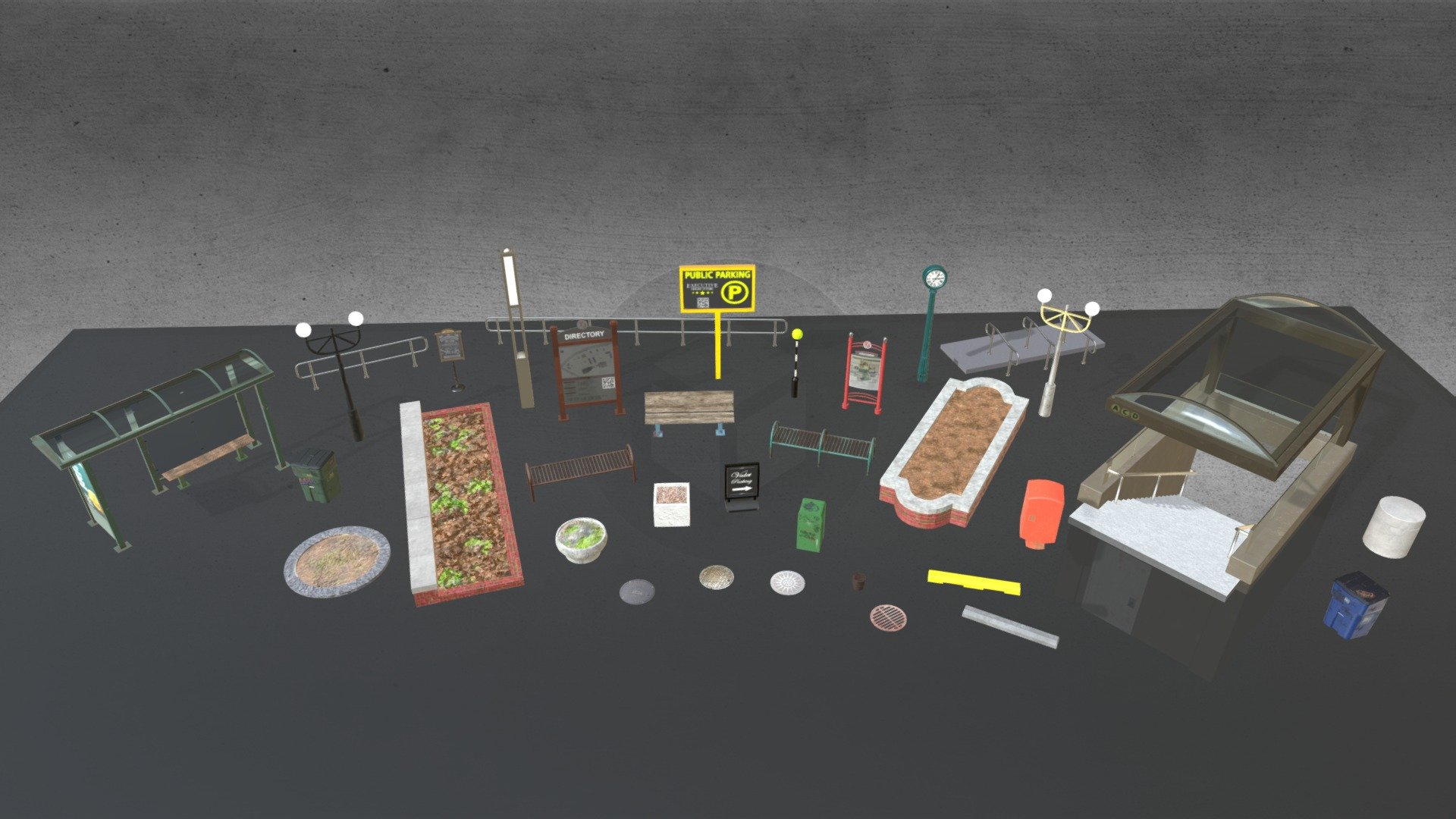 NoAI: This model may not be used in datasets for, in the development of, or as inputs to generative AI programs

Assorted city props. Great for quickly populating your city project with props. Most models are between 60 and 3100 triangles (subway 6900). Models are PBR and include basecolor, roughness, metallic, normal, (alpha/opacity if needed) maps. 

A couple models have multipule texture options (trash bin, manhole covers, and street lamps)




Bus Stop

Subway

Various landscape beds

City benches

Directory and Information signs

Valet parking sign

Trash bin

Concrete barrier

Parking curbs

Parking sign

Various hand rails

Utility box

Street clock

Crosswalk lamp

Free to use for any project. Any feedback is appreciated. Thanks for checking out my models and the likes.




Check out all my other models including this most recent model.
 - City Props Collection (volume 2) - Download Free 3D model by TampaJoey 3d model