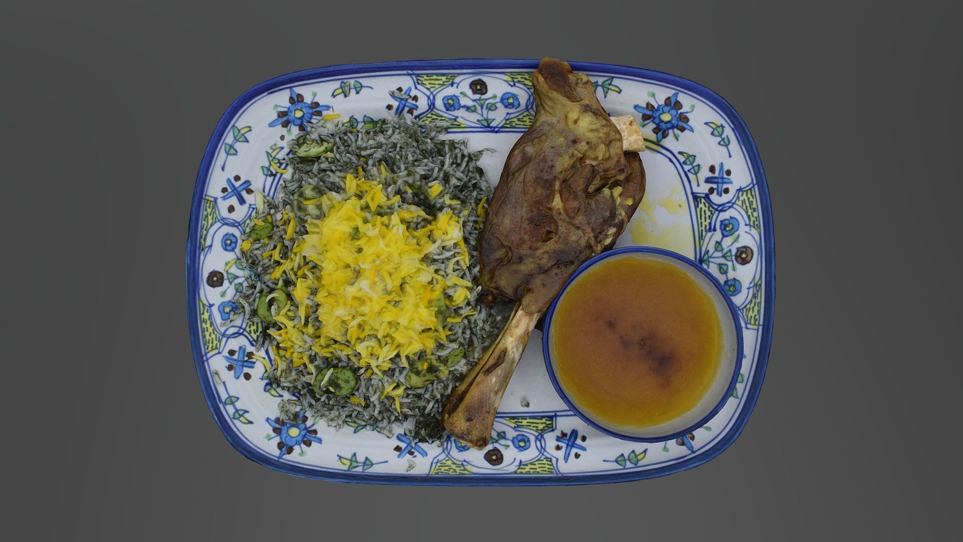 Steamed saffron rice cooked with fresh dill and broad beans served with whole lamb shank cooked with chef's own recepie - Baghali Polo ba Mahiche (#1) - 3D model by DeliDish 3d model
