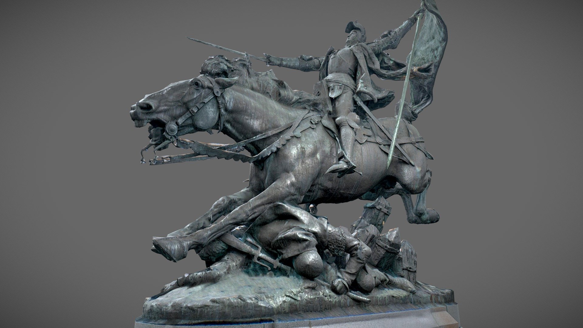 St. Joan of Arc, byname French Sainte Jeanne d’Arc or La Pucelle d’Orléans, (1412-1431), national heroine of France.

**This model will be sold with my medieval pack of 50+ assets from various areas of France, including medieval towers, churches, ancient walls, houses and doors in middle age style and more. 
A pack to create massive realistic virtual environments that will be released in february on and sketchfab.
**

The sculpture is located in the city of Chinon, France and is a fast scan made from 56 pics.

Sculpture was made by Jules Roulleau and placed in 1893, weight 6000 kilograms. This is one of the most impressive monumental statue of Joan of Arc 3d model