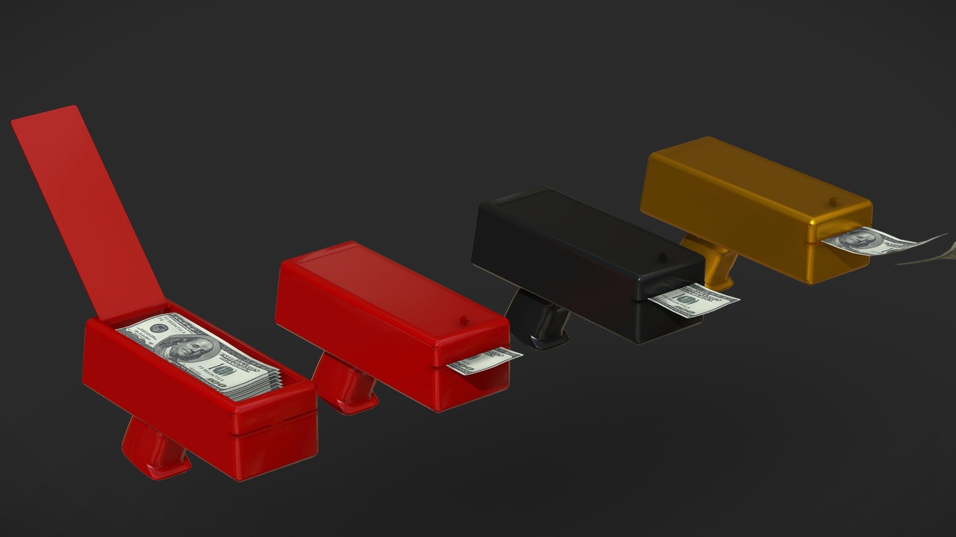 Shoot some metacash with this 3D Money Gun / Cash Cannon.
Add your logo easily. 

Perfect for a PFP or NFT. 

Roughly 3500 Polys per money gun.

Comes with CC0 Cash Texture! - Money Gun - Cash Cannon - Buy Royalty Free 3D model by Unreal Designer (@unrealdesigner.ig) 3d model