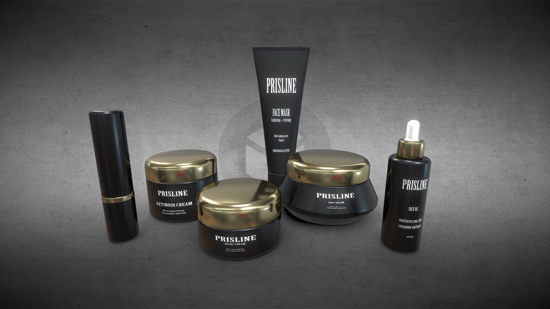 This is a 3D model of a cosmetic collection I've created using Blender, and then i export it to FBX. 
In this collection there are:
1. Retinoid Cream
2. Face oil
3. Face masks
4. Day cream
5. Night cream
6. Lipsticks

Each file contains a texture in the form of a picture of the product name that I made

Render example :
 - Cosmetics Collection - Buy Royalty Free 3D model by Naudaff3D 3d model