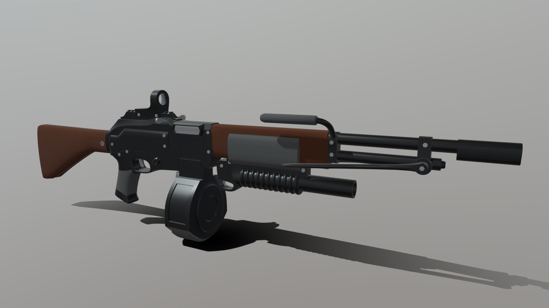 The MBAR .45-70 is more or less exactly what it sounds like. A modernized (ca. 1980) BAR chambered in .45-70 Govt. Here featuring an under-slung M203 grenade launcher and a 60 round drum magazine, the MBAR was capable 500 rounds per minute, assuming the operator could handle the intense recoil. The weighted barrel extension and included bi-pod helped to mitigate this drawback but even so the MBAR was more bucking bronco than thoroughbred. Marketed as a &ldquo;hybrid LMG/AR