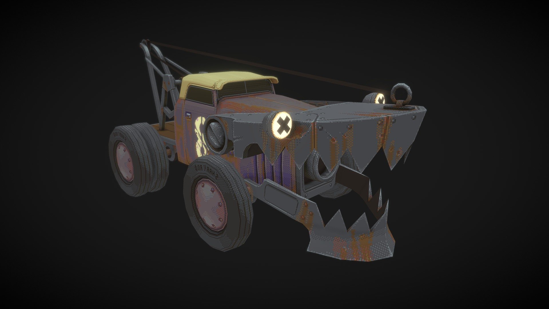 Zipping and zooming around the desert, the Shark Rod is one of the lower ranks of the Landshark's gang of henchmen.  Employing an enormous set of steel jaws powered by a tow truck winch, this meddlesome motorist travels in packs and can quickly turn road rage into a feeding frenzy.  Beware! - Shark Rod - 3D model by tedanderson3Dartist 3d model