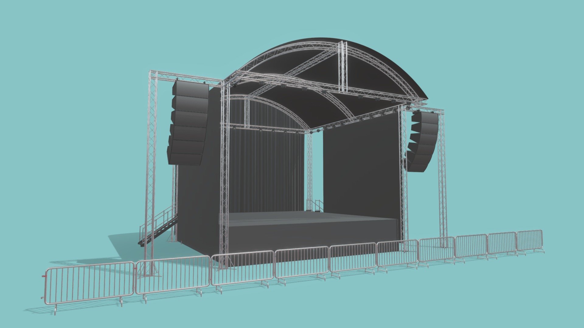 Concert Stage 7

Measurements:


Platform is: L: 9.5m, W: 10m, H: 1.7m
Inner height (from the top of the platform to where the curve of the ceiling starts): 6m
Total height from bottom to top: 10m

IMPORTANT NOTES:


This model does not have textures or materials, but it has separate generic materials, it is also separated into parts, so you can easily assign your own materials.

If you have any doubts or questions about this model, you can send us a message 3d model